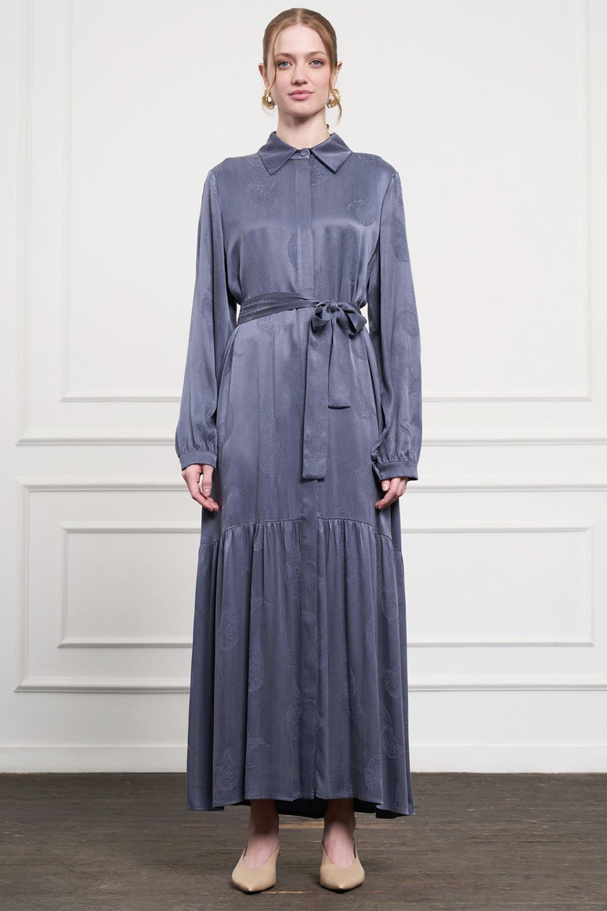 Nuss Desenli Kemer Detay Elbise 2044 İndigo