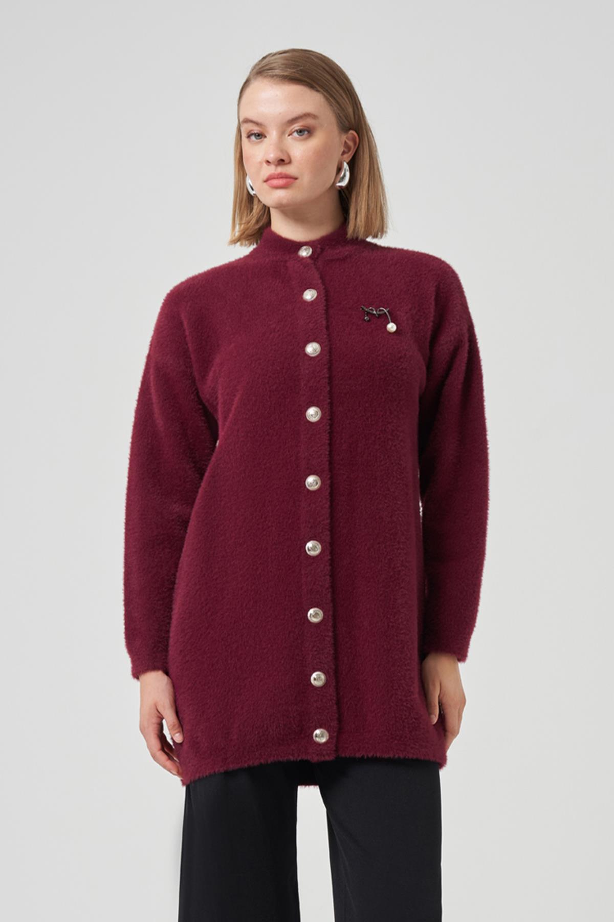 Nuss Düğme Detay Angora Hırka 7005 Bordo