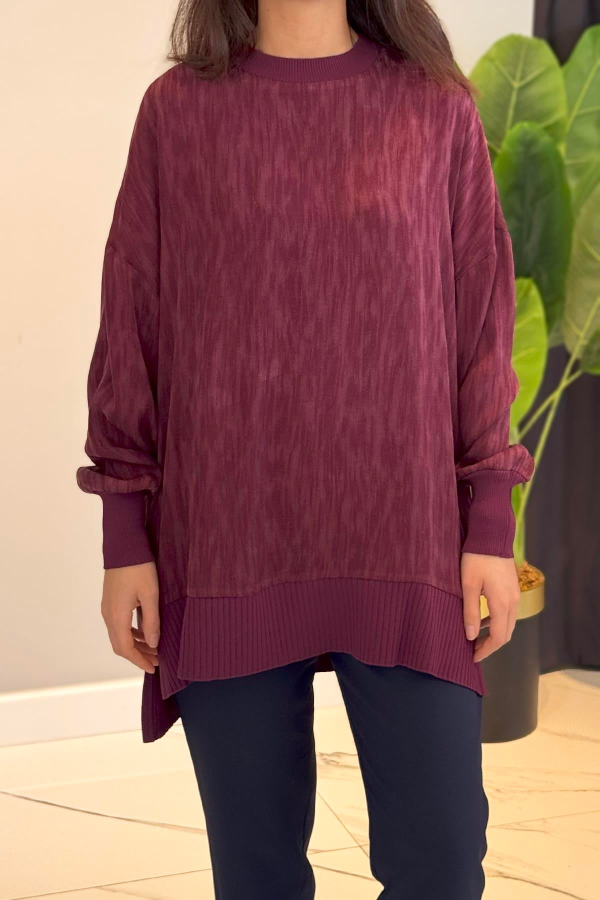 Nuss İpek Saten Desenli Tunik 3009 Bordo