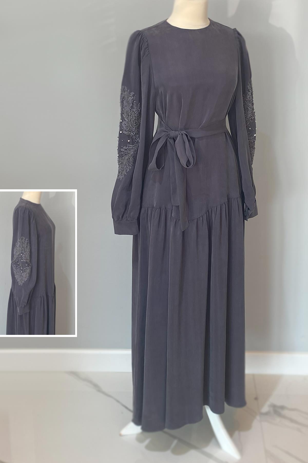 Nuss İşlemeli Taş Detay Elbise 2013 Antrasit