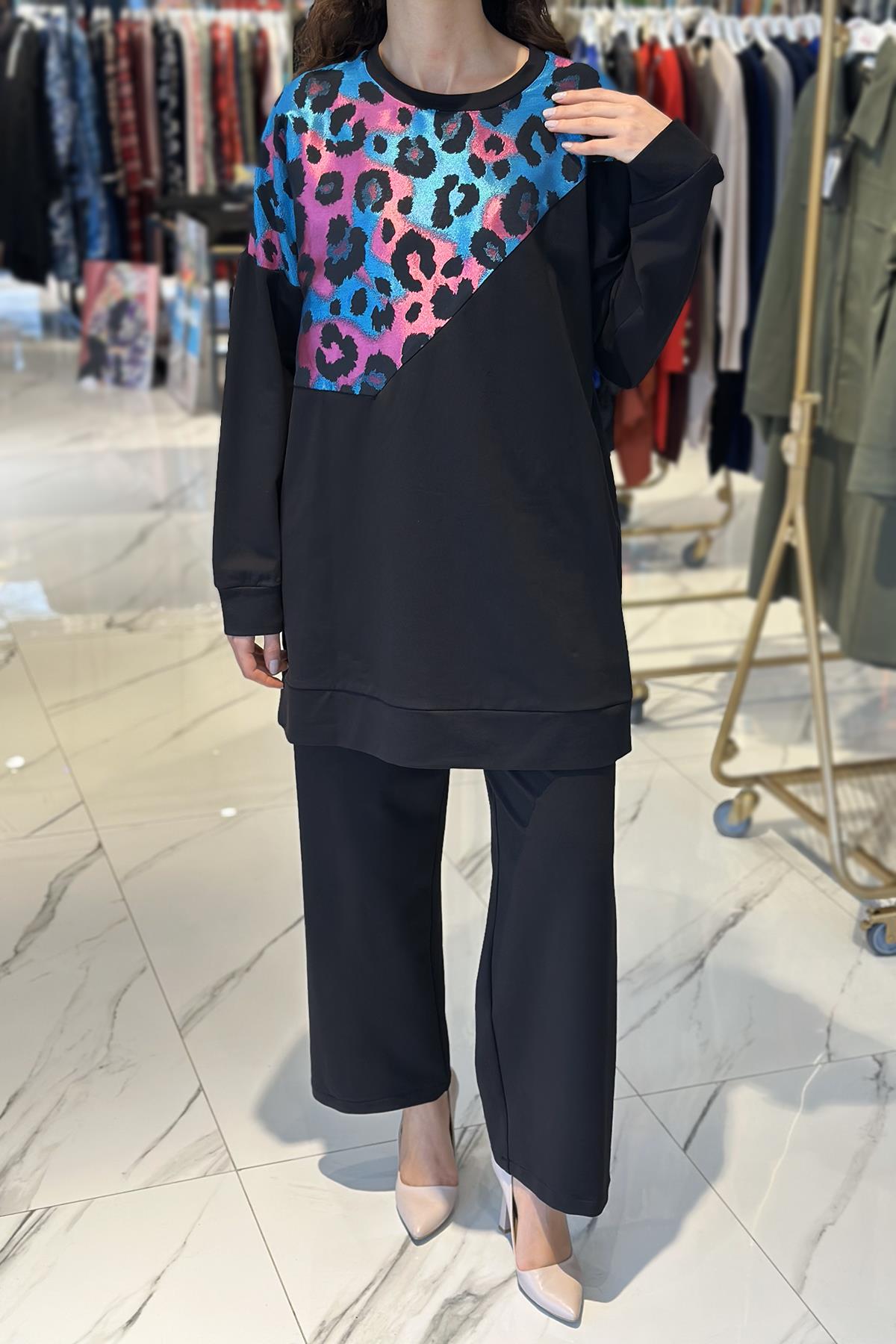 Nuss Leopar Detay Pantolonlu Takım 1001 Siyah