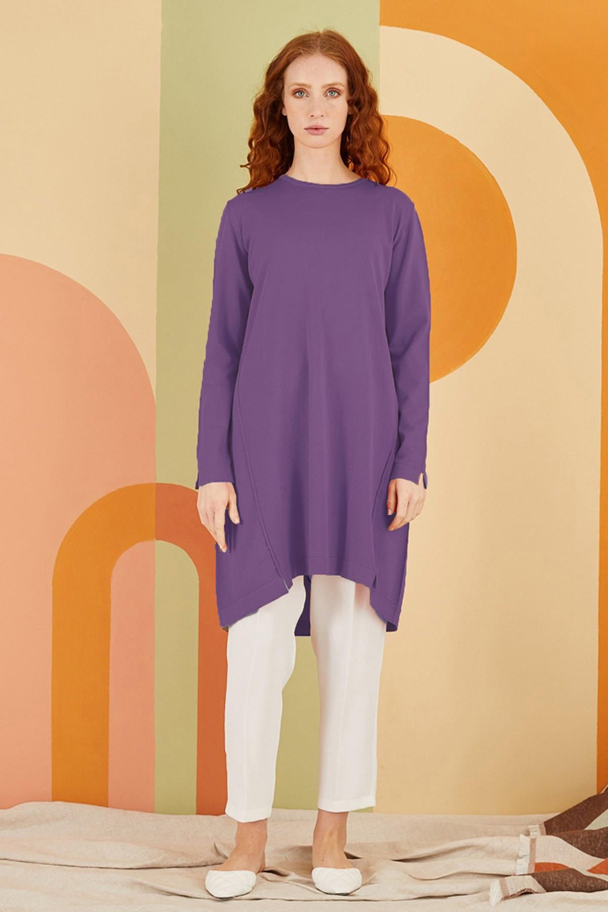 Nuss Merserize Çapraz Biriktirme Detaylı Tunik 061 Mor