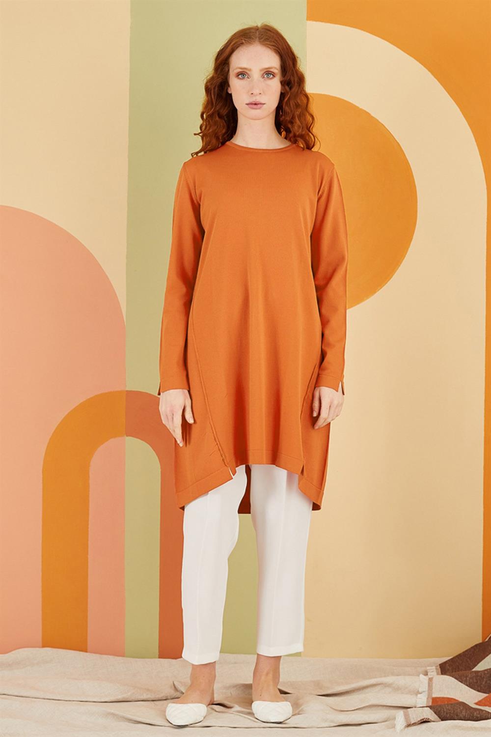 Nuss Merserize Çapraz Biriktirme Detaylı Tunik 061 Kiremit