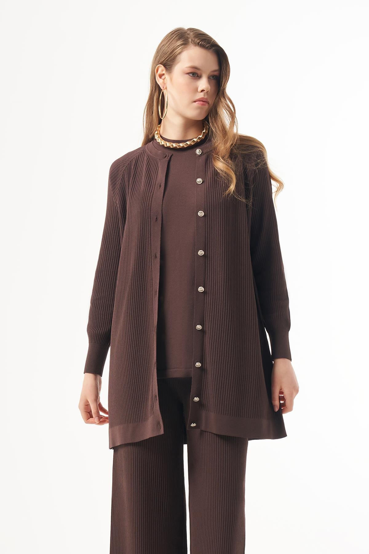 Nuss Merserize Çizgi Detay 3lü Hırka İçlik Pantolon Takım 1100 Kahve