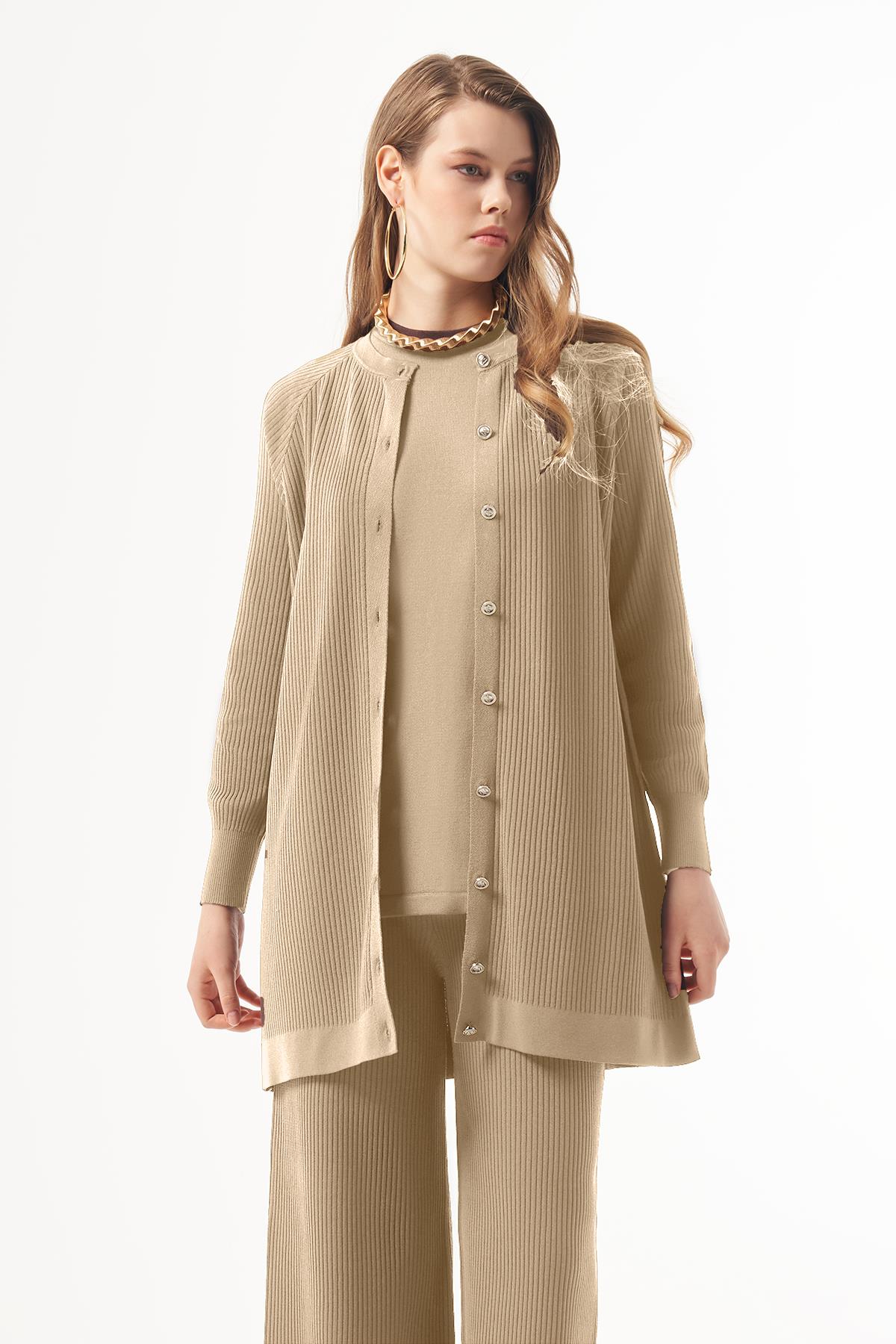 Nuss Merserize Çizgi Detay 3lü Hırka İçlik Pantolon Takım 1100 Bej