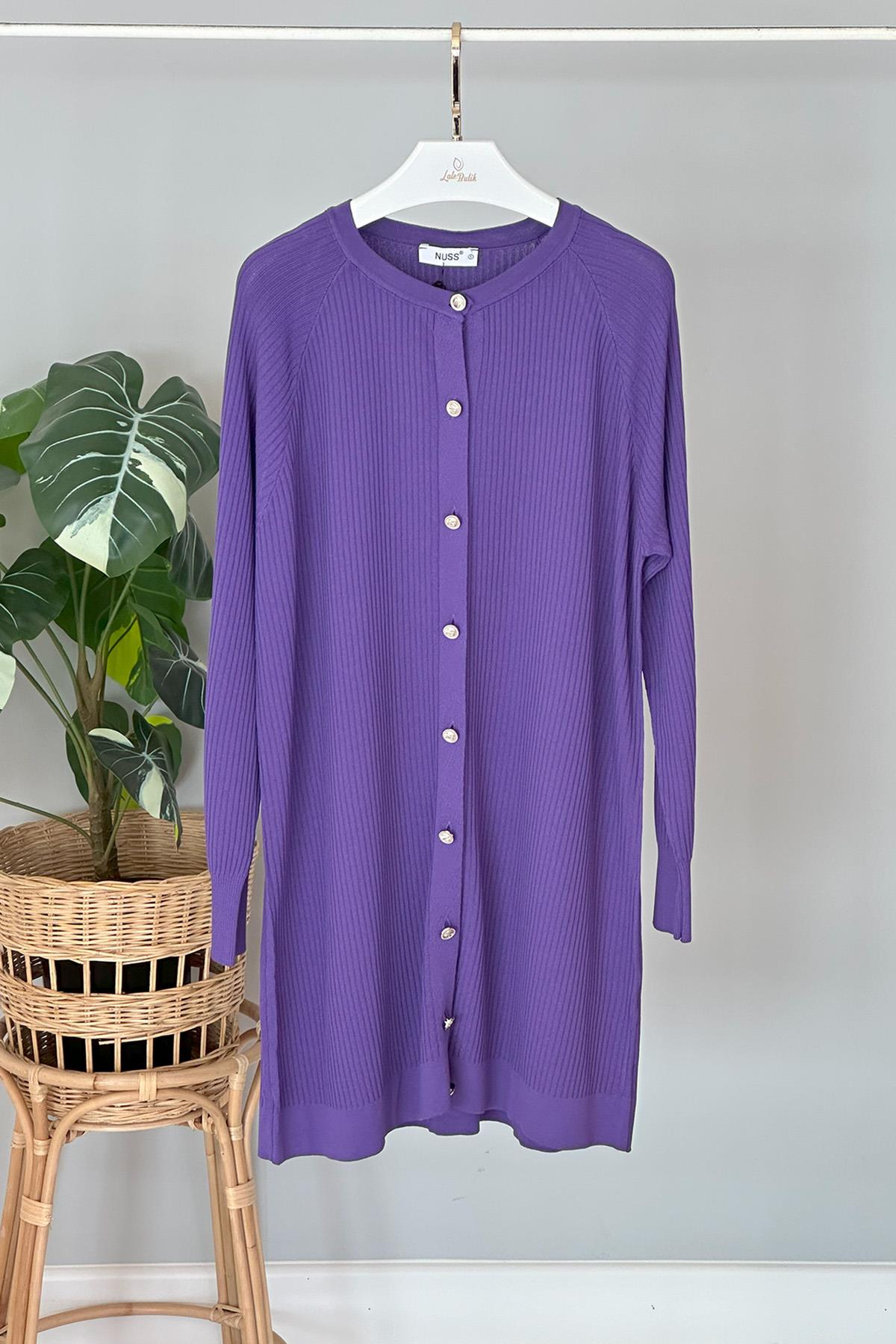 Nuss Merserize Çizgi Detay Düğmeli Hırka 1100 Lila