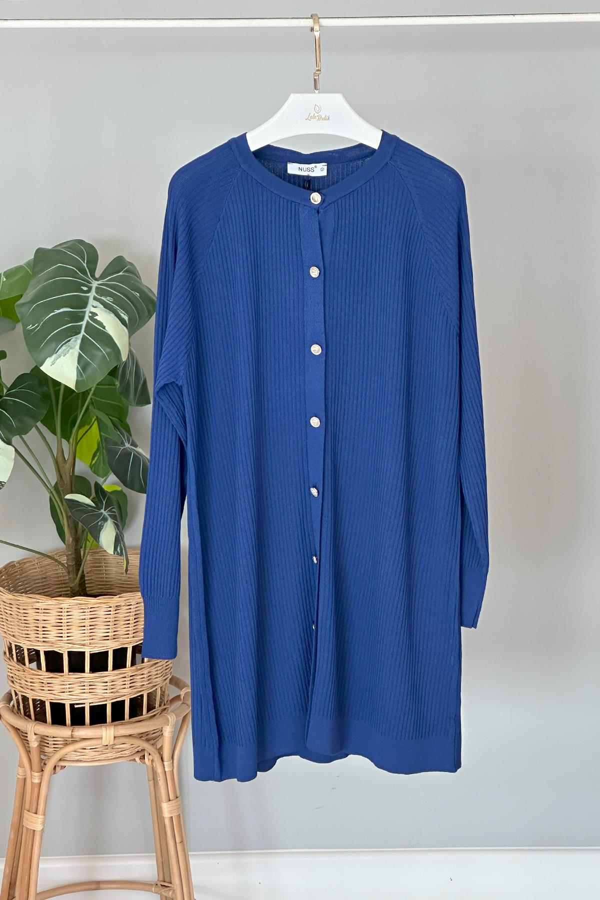 Nuss Merserize Çizgi Detay Düğmeli Hırka 1100 Saks