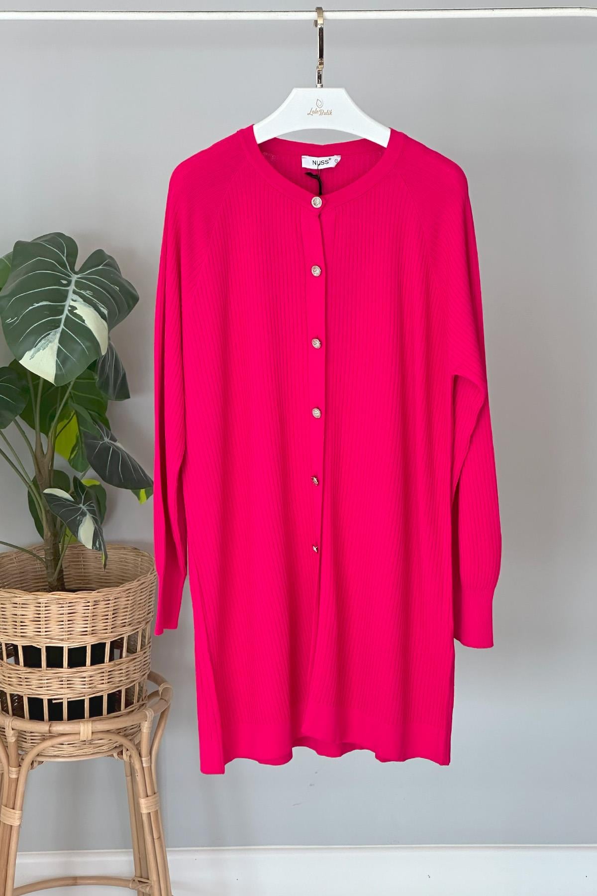 Nuss Merserize Çizgi Detay Düğmeli Hırka 1100 Fuşya