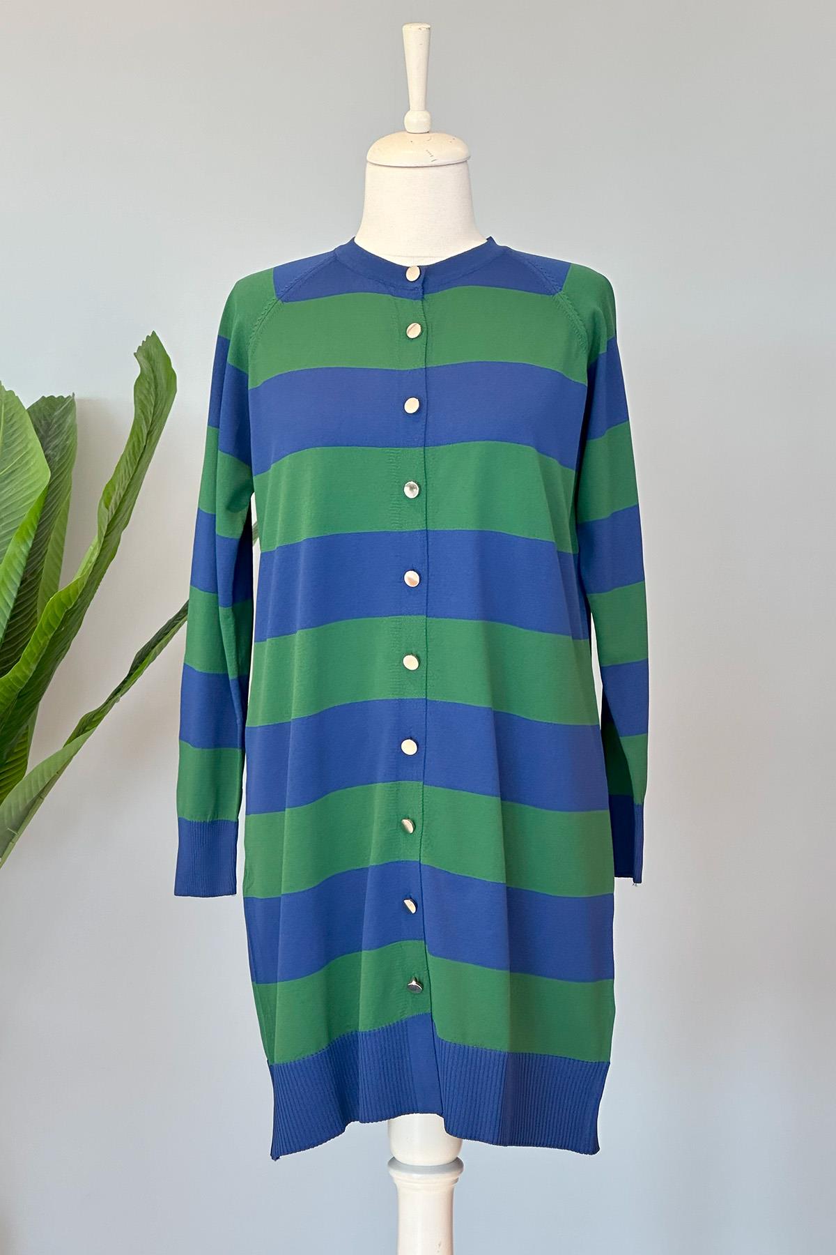 Nuss Merserize Çizgili Triko Hırka Orta Boy H-700 Yeşil