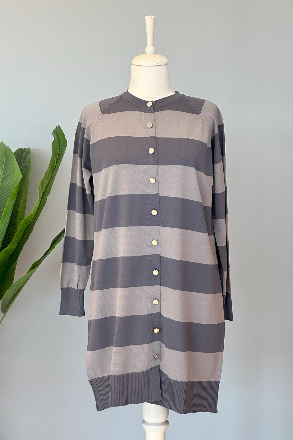 Nuss Merserize Çizgili Triko Hırka Orta Boy H-700 Füme