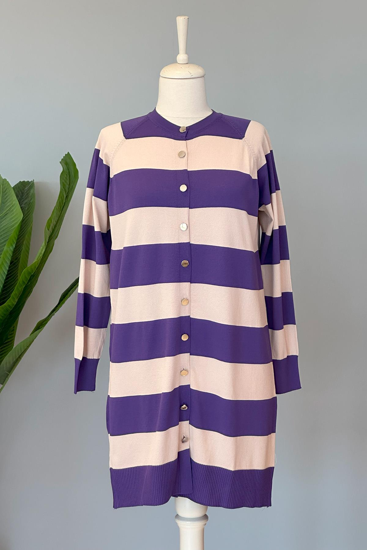 Nuss Merserize Çizgili Triko Hırka Orta Boy H-700 Lila