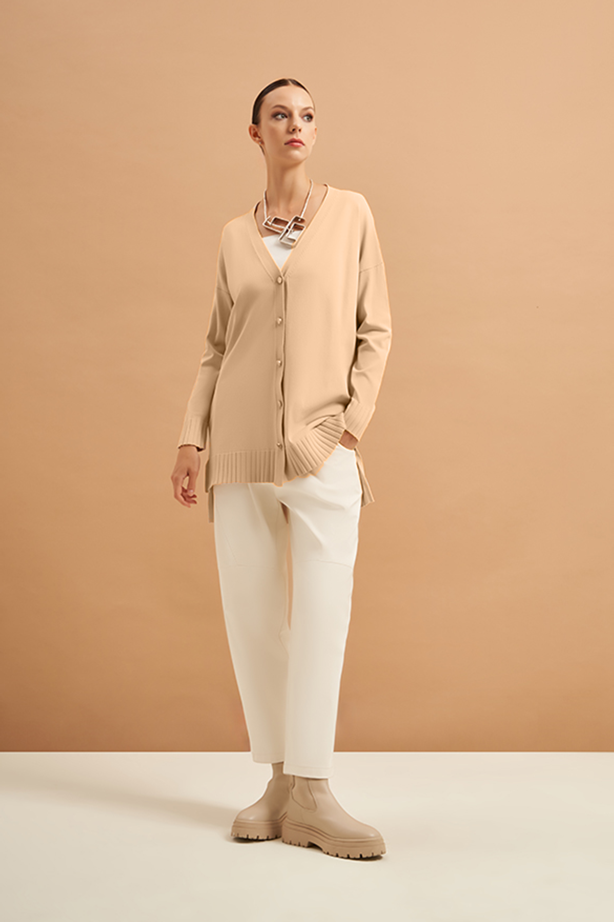 Nuss Merserize Etek Detaylı Triko Hırka Orta Boy H-706 Koyu Bej