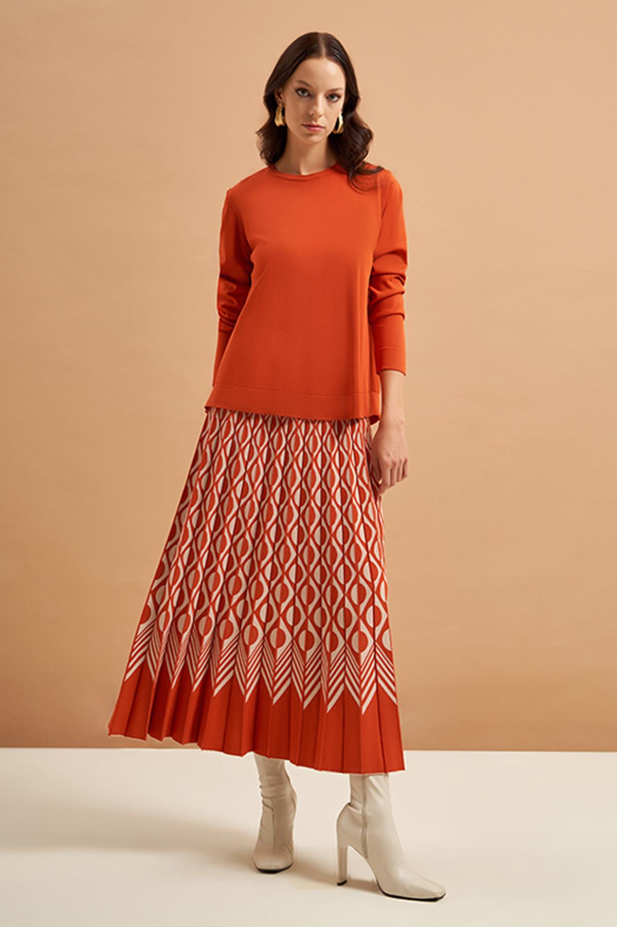 Nuss Merserize Geometrik Triko Etekli Takım 608 Kiremit