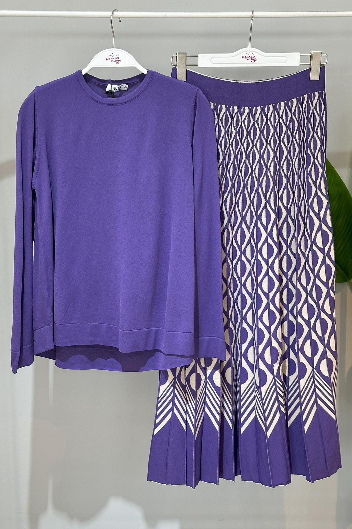 Nuss Merserize Geometrik Triko Etekli Takım 608 Lila