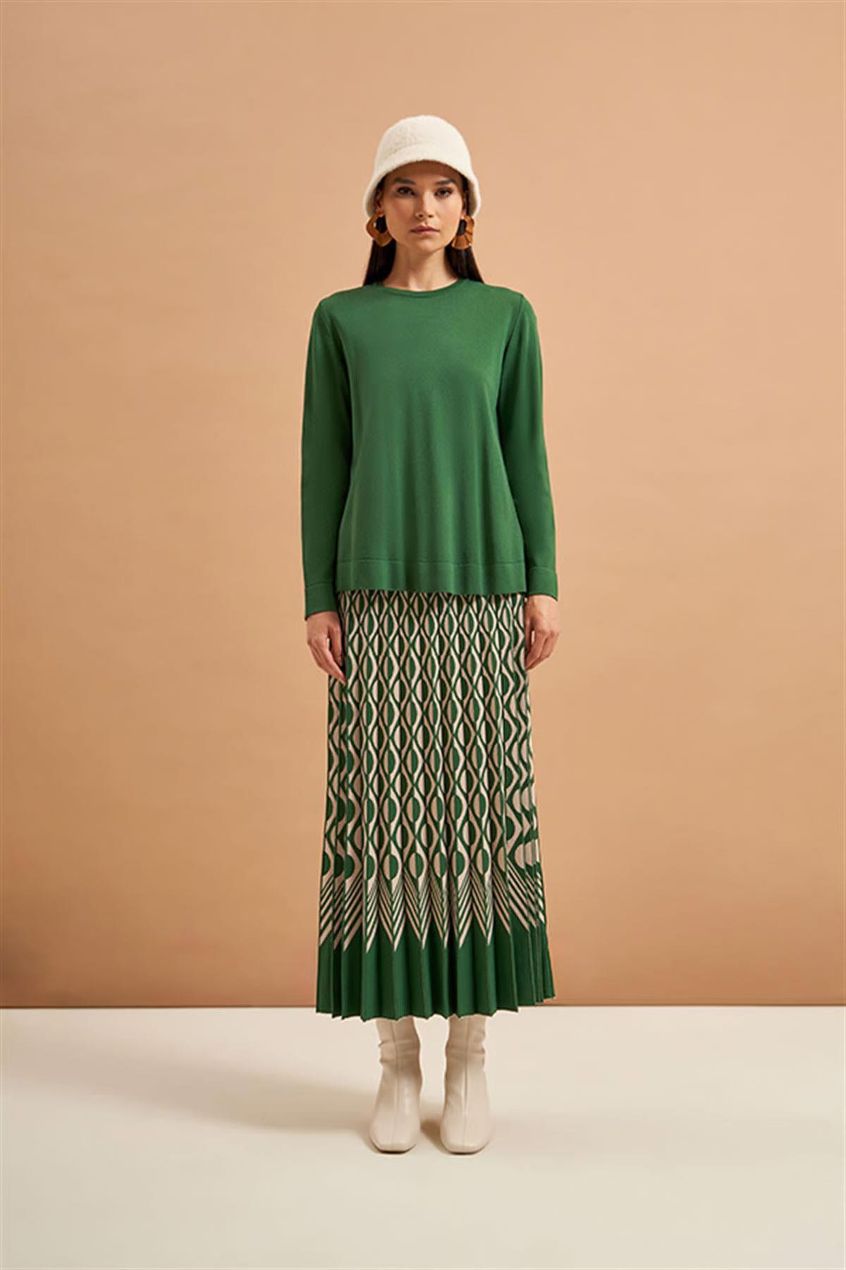 Nuss Merserize Geometrik Triko Etekli Takım 608 Zümrüt Yeşili