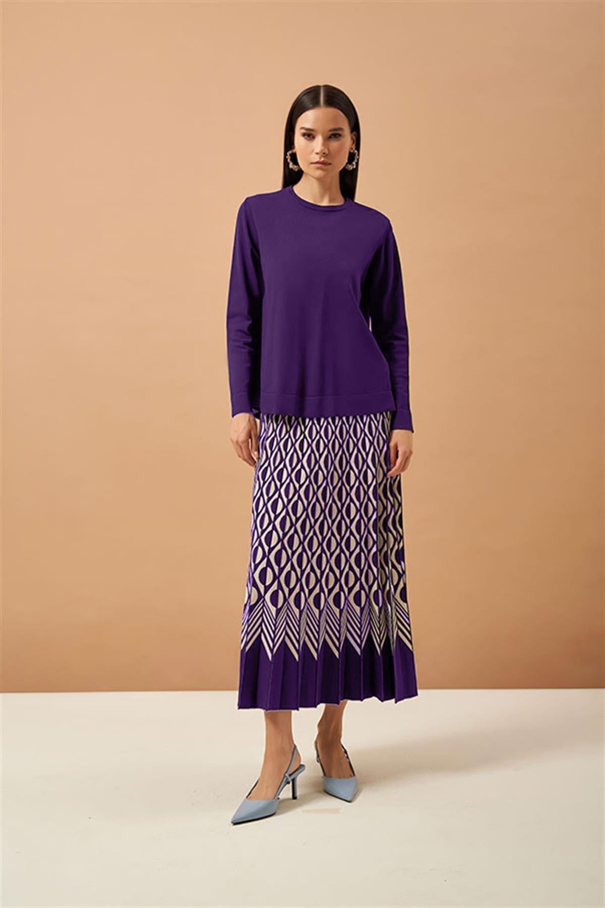 Nuss Merserize Geometrik Triko Etekli Takım 608 Mor