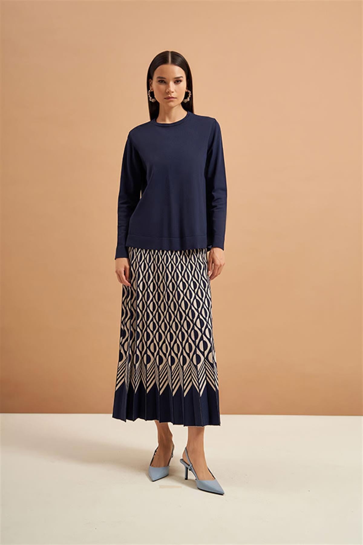 Nuss Merserize Geometrik Triko Etekli Takım 608 Lacivert