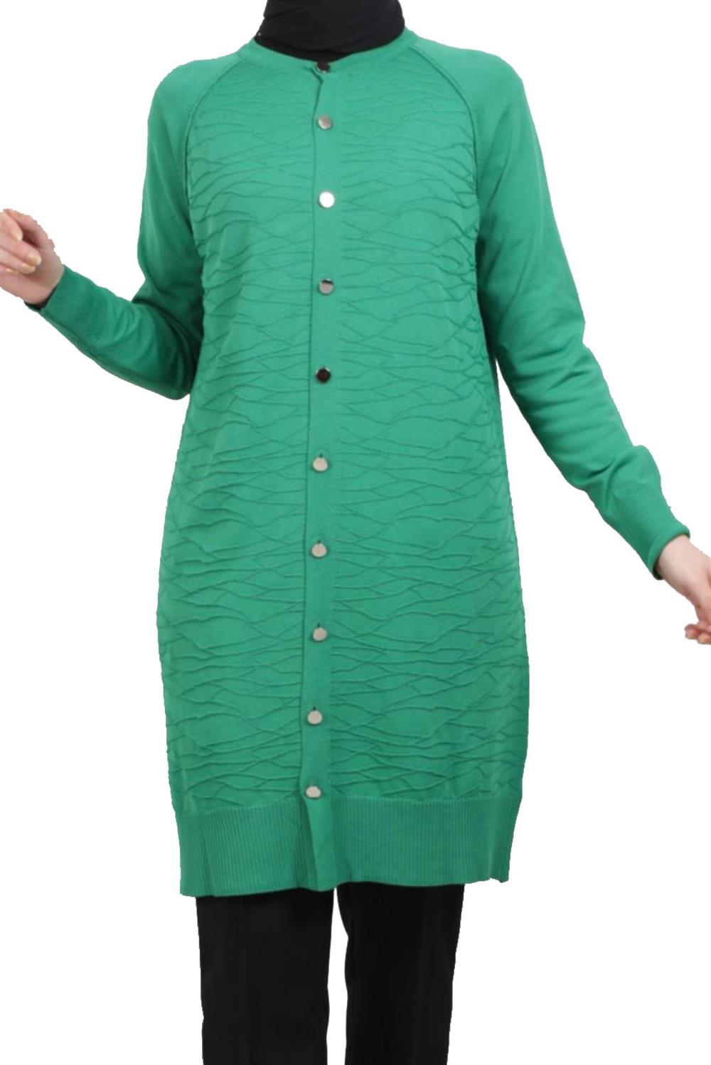 Nuss Merserize Kabartma Desen Triko Hırka Orta Boy H-701 Benetton Yeşil