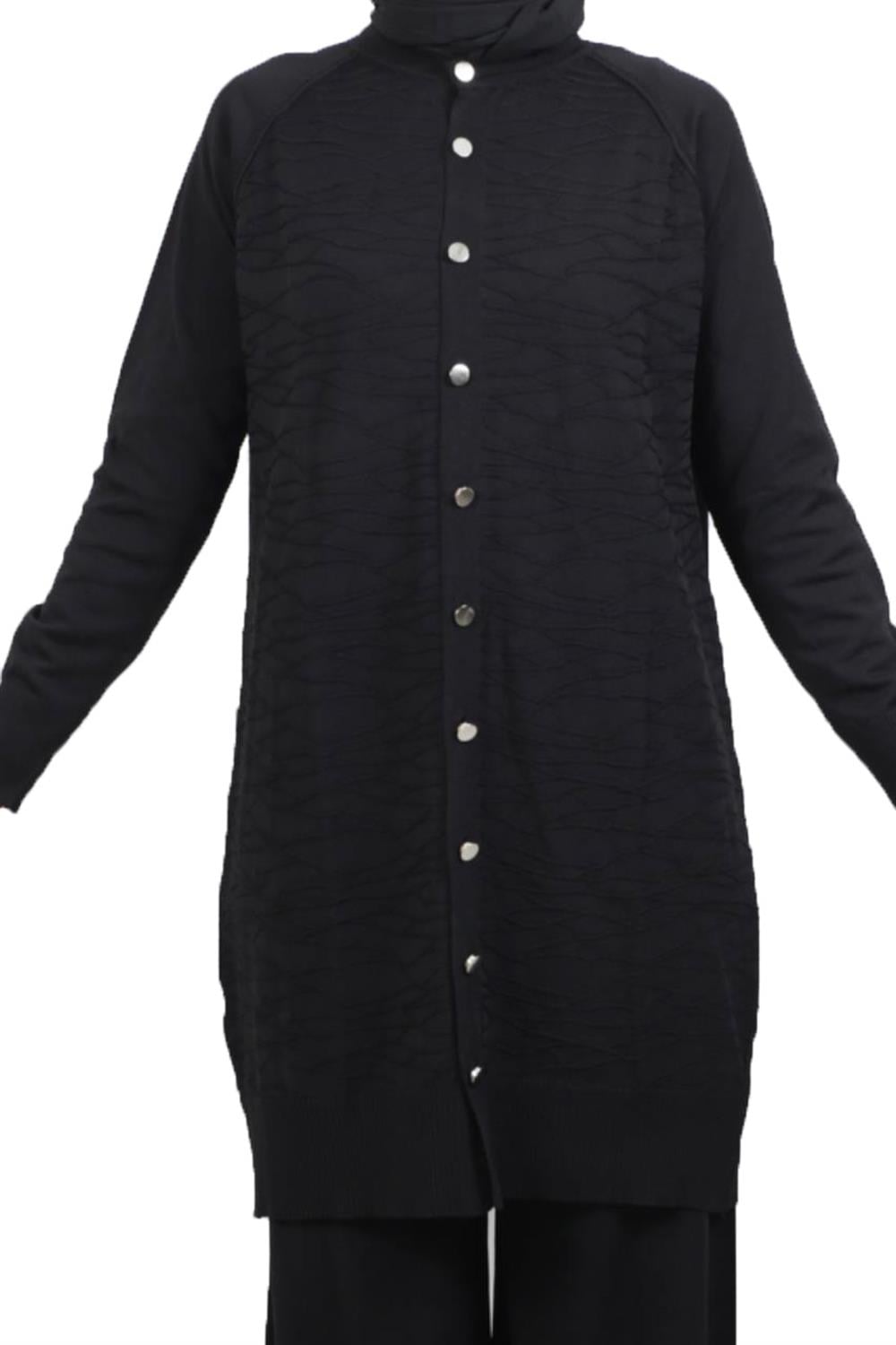 Nuss Merserize Kabartma Desen Triko Hırka Orta Boy H-701 Siyah