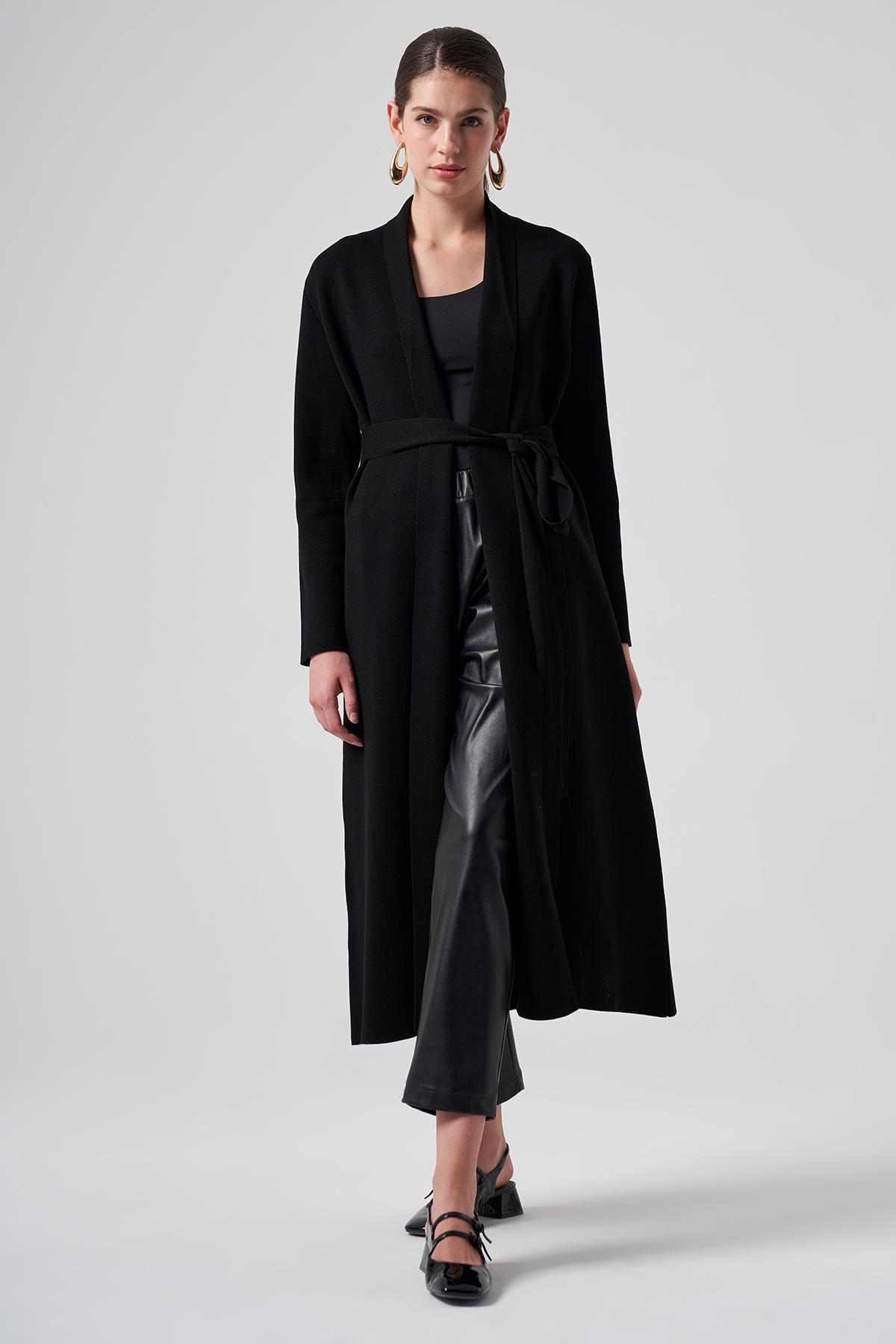 Nuss Merserize Örme Triko Uzun Hırka 7008 Siyah