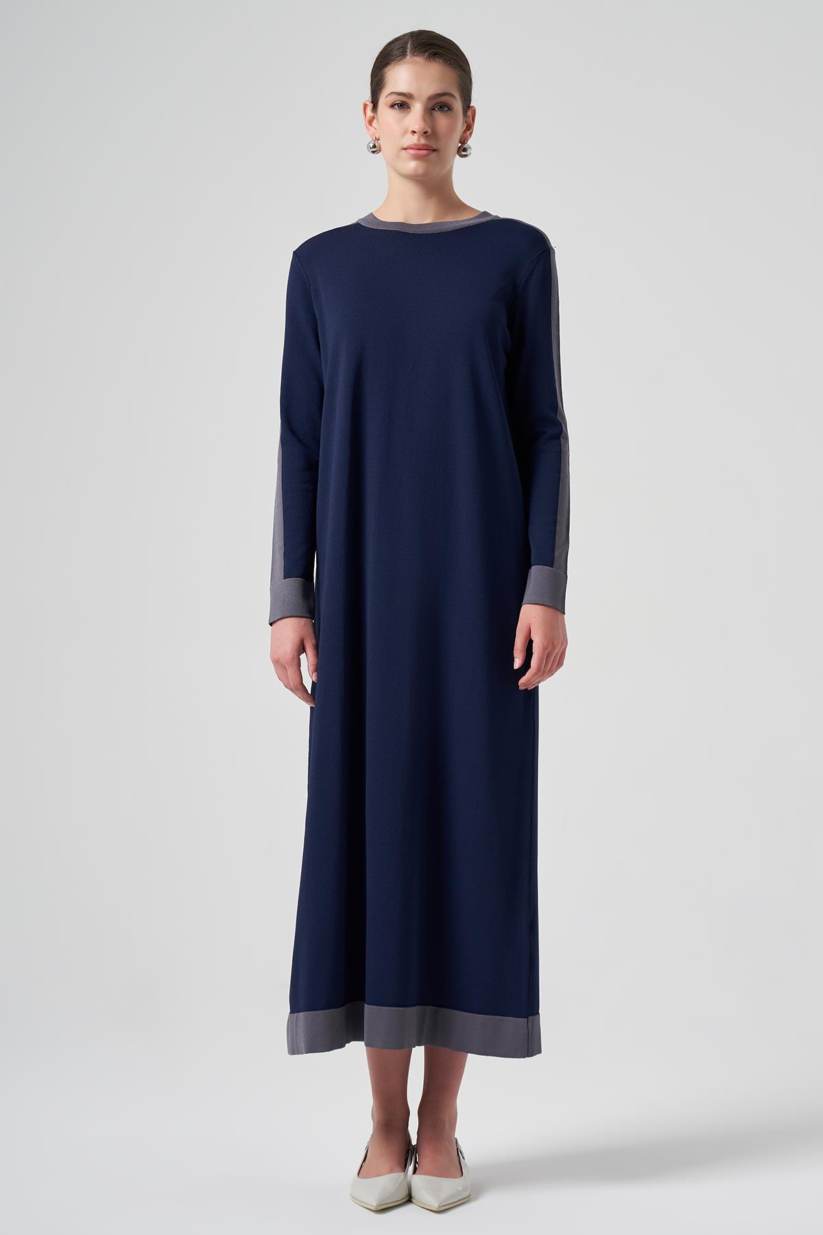 Nuss Merserize Renk Şerit Detay Elbise 1411 Lacivert