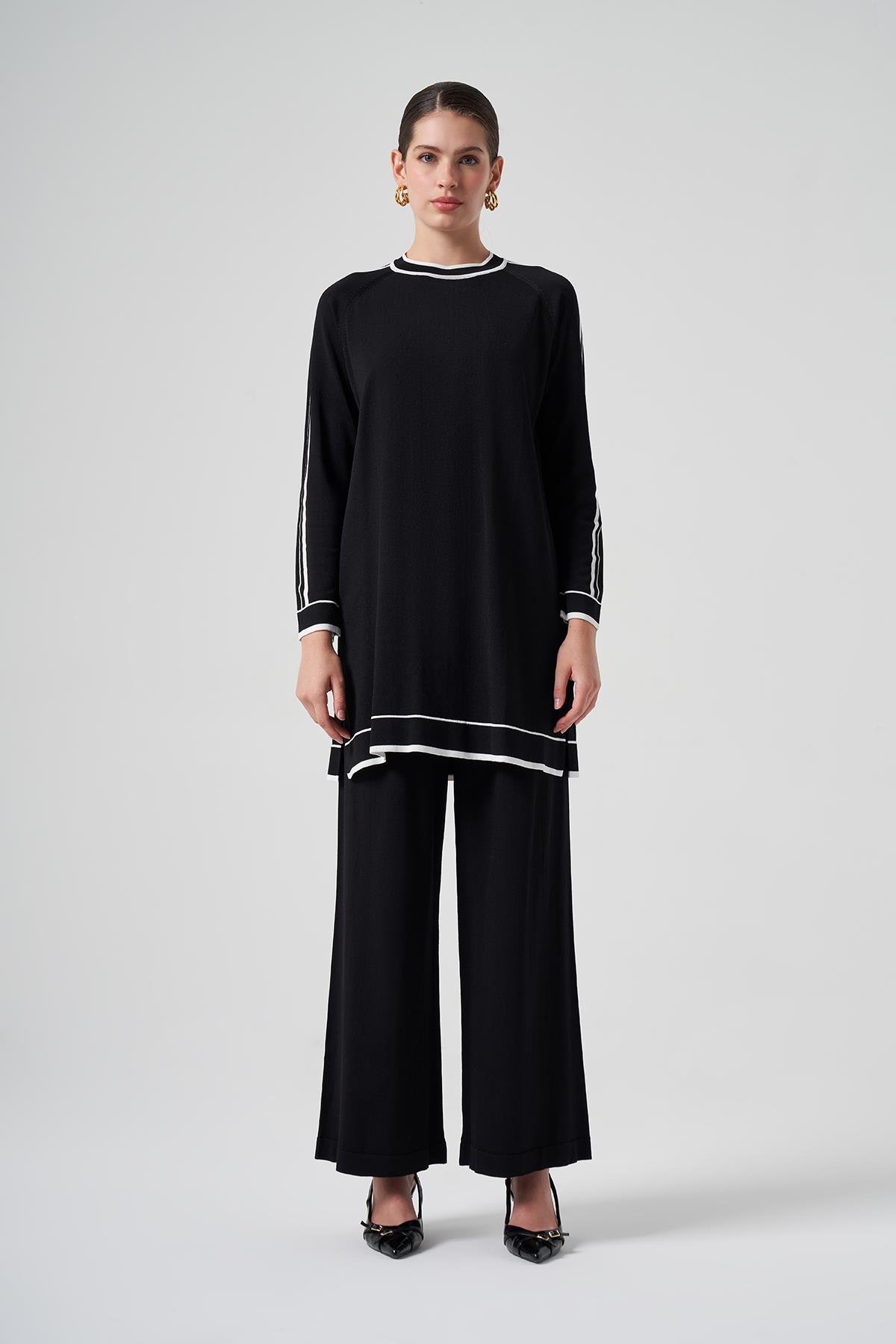 Nuss Merserize Renk Şerit Detay Pantolonlu Takım 1510 Siyah