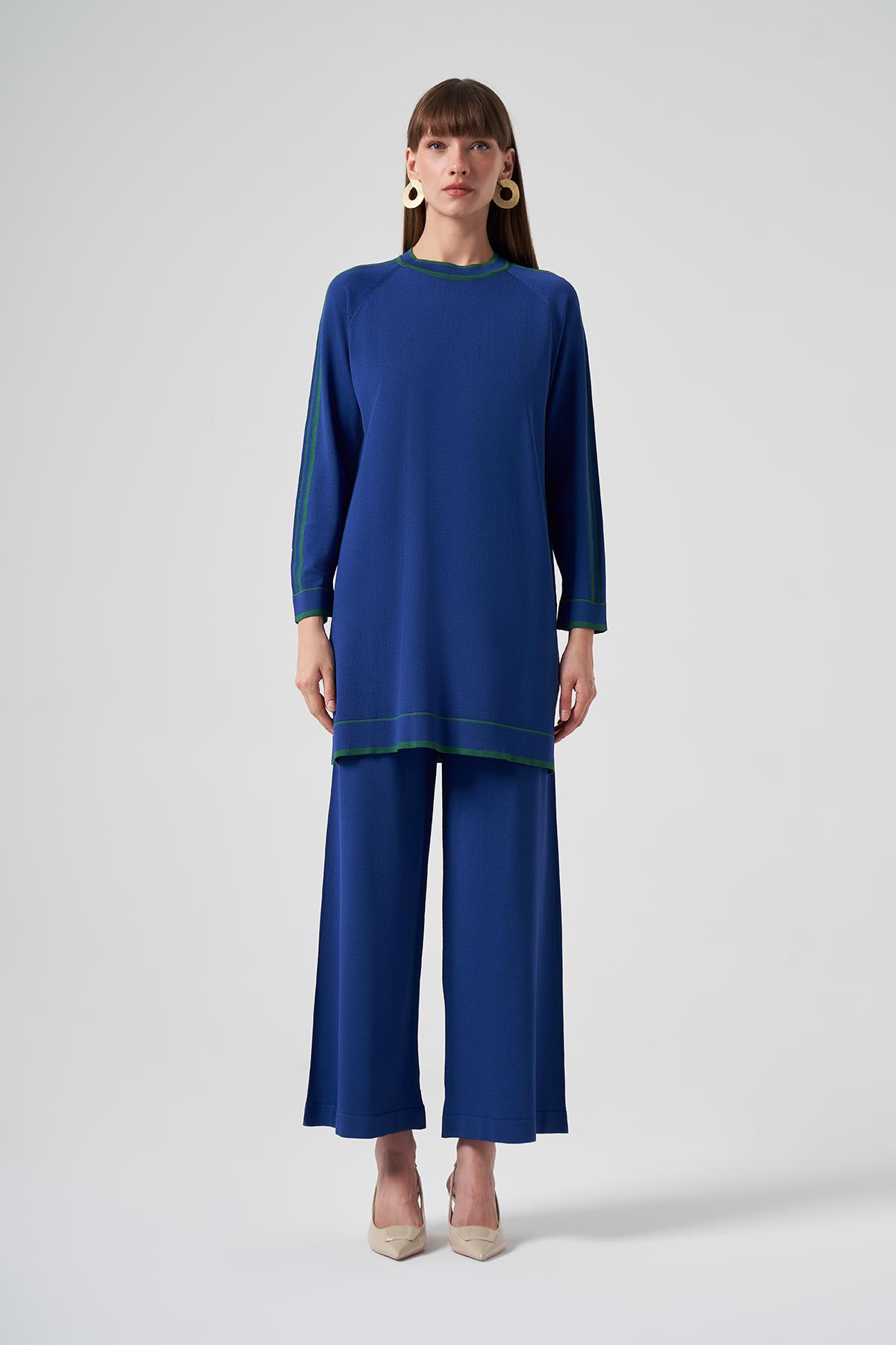 Nuss Merserize Renk Şerit Detay Pantolonlu Takım 1510 Saks