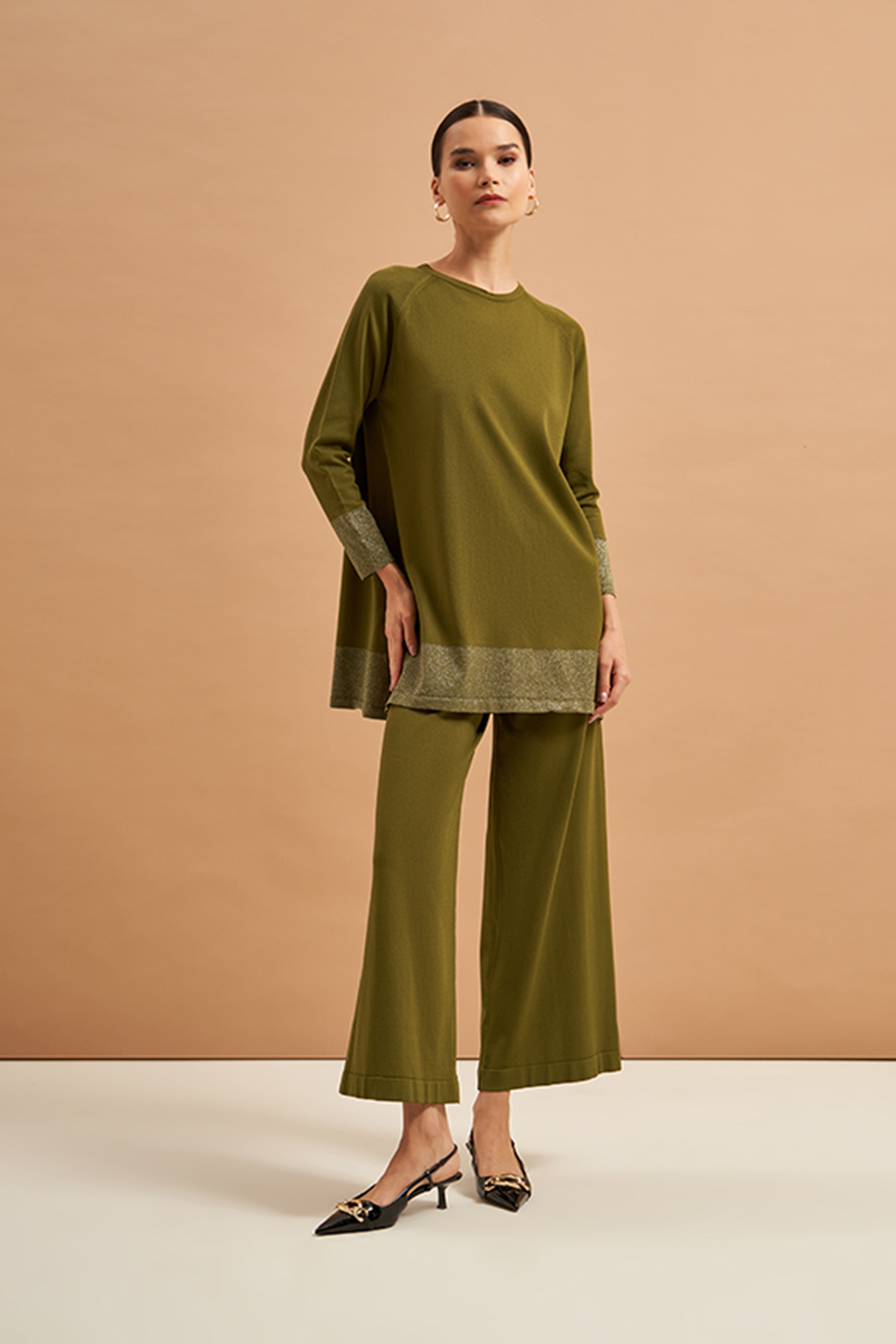 Nuss Merserize Sim Detaylı Pantolonlu Triko Takım NS-23K-604TKM Haki