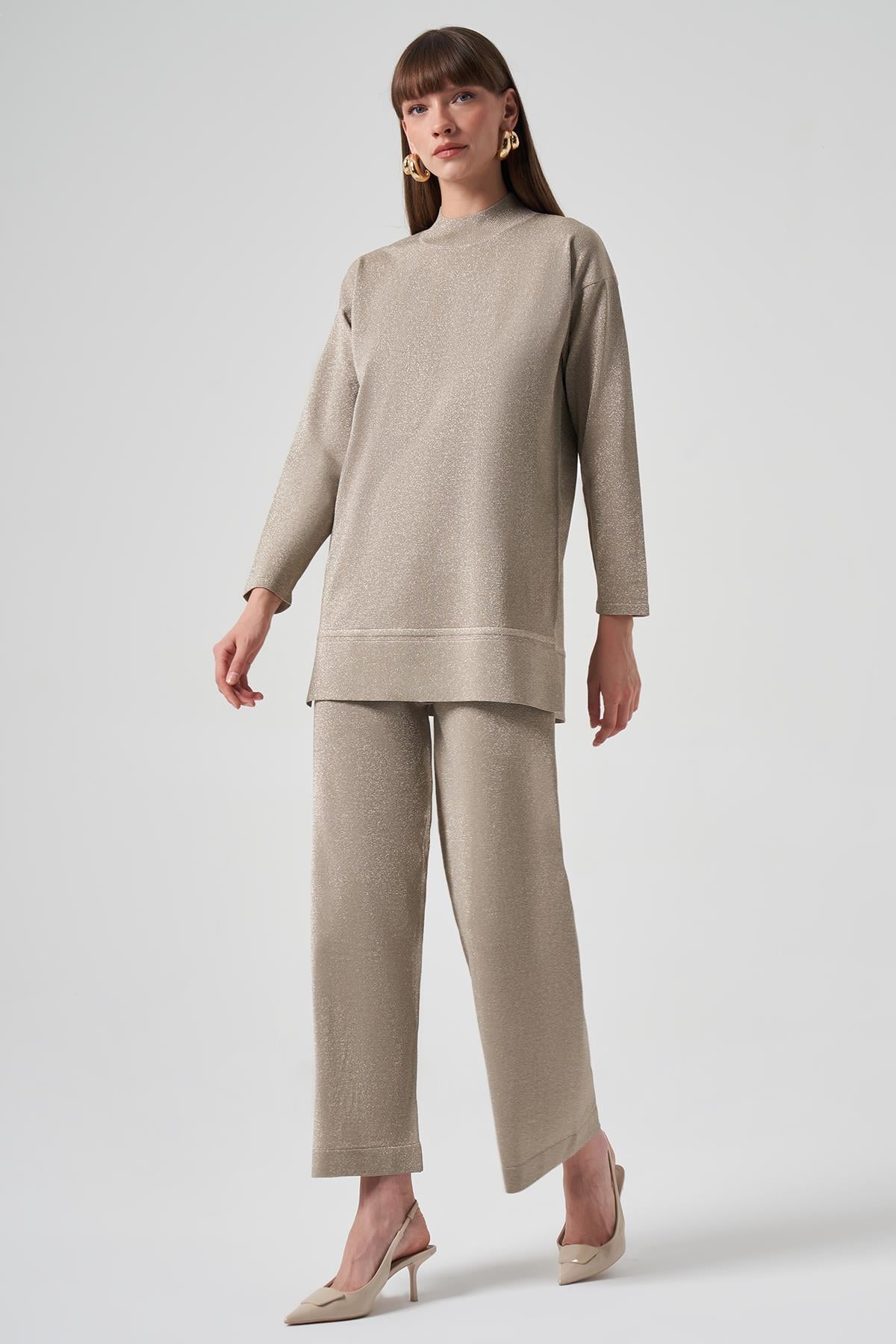 Nuss Merserize Simli Triko Pantolonlu Takım 1512 Bej
