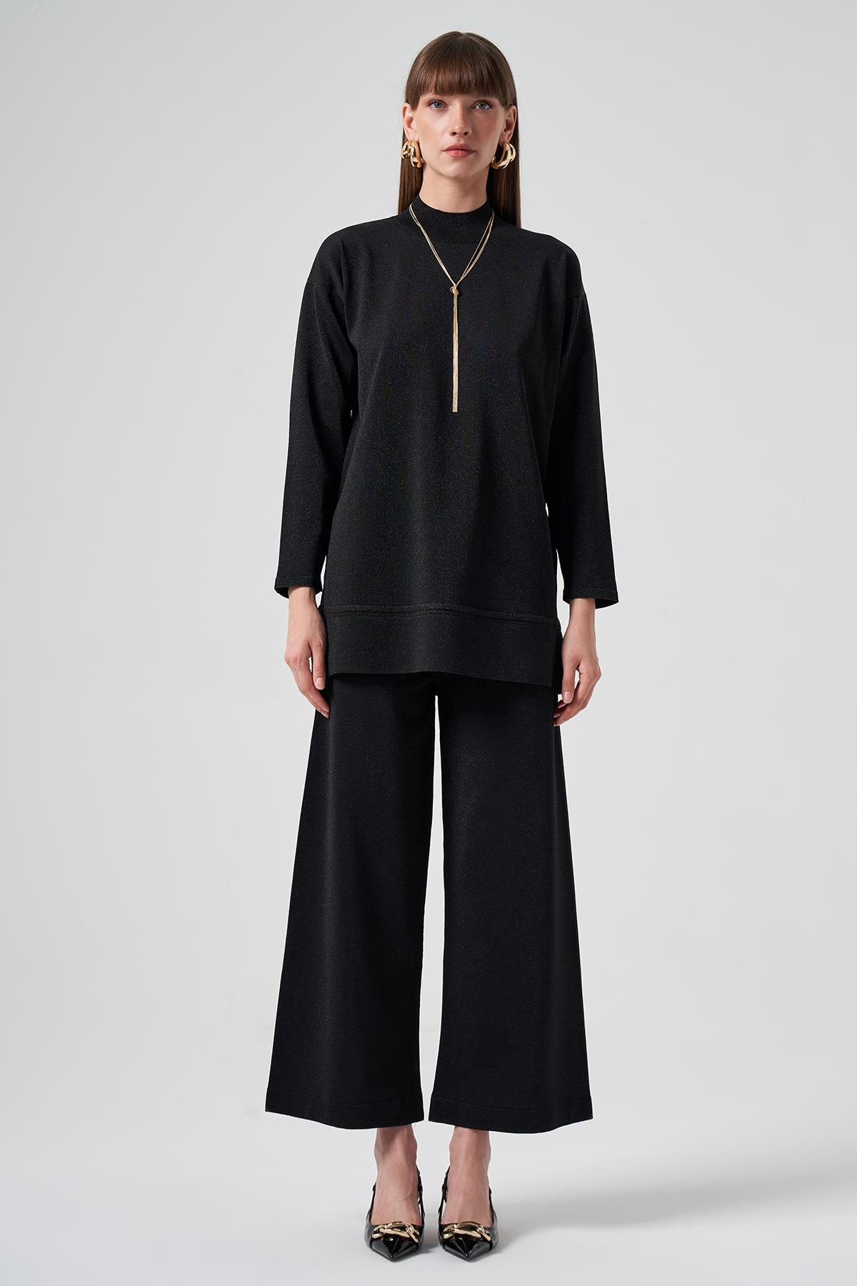 Nuss Merserize Simli Triko Pantolonlu Takım 1512 Siyah