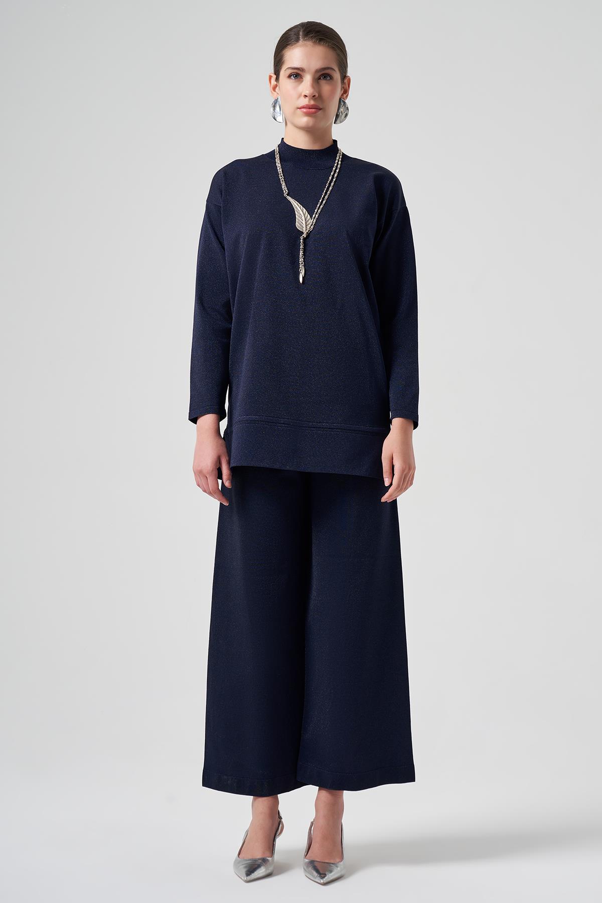 Nuss Merserize Simli Triko Pantolonlu Takım 1512 Lacivert