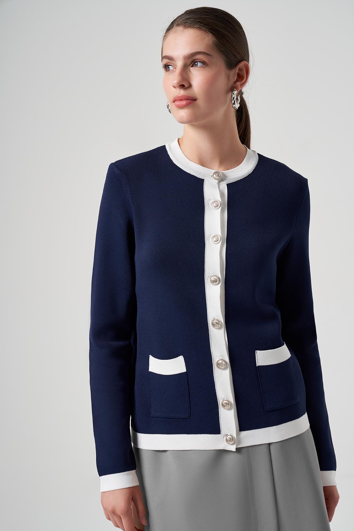 Nuss Merserize Triko Cep Detaylı Kısa Hırka 1112 Lacivert