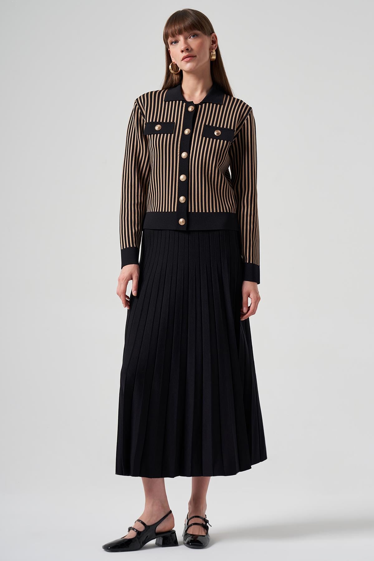 Nuss Merserize Triko Çizgili Hırka Etek Takım 1316 Siyah