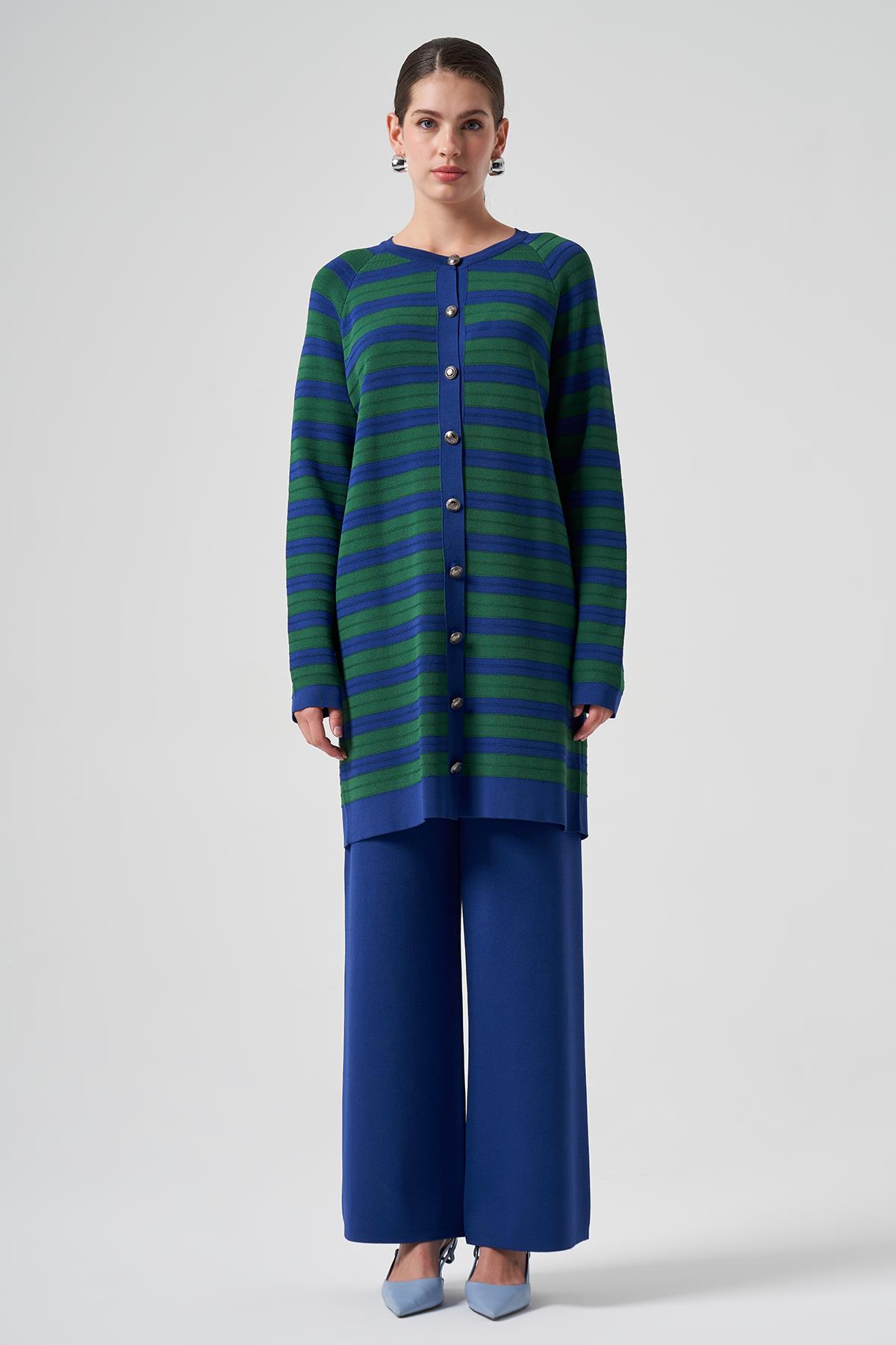 Nuss Merserize Triko Çizgili Hırka Pantolon Takım 1511 Saks