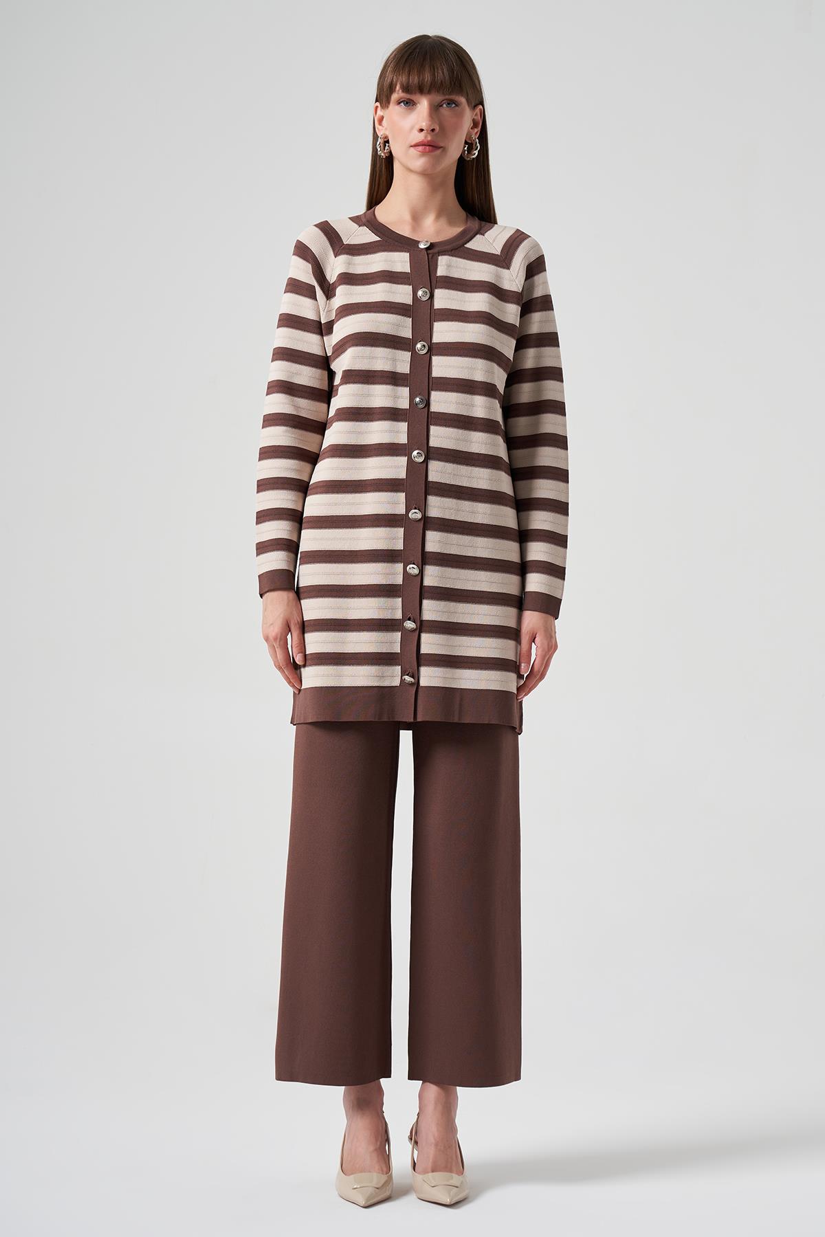 Nuss Merserize Triko Çizgili Hırka Pantolon Takım 1511 Kahverengi