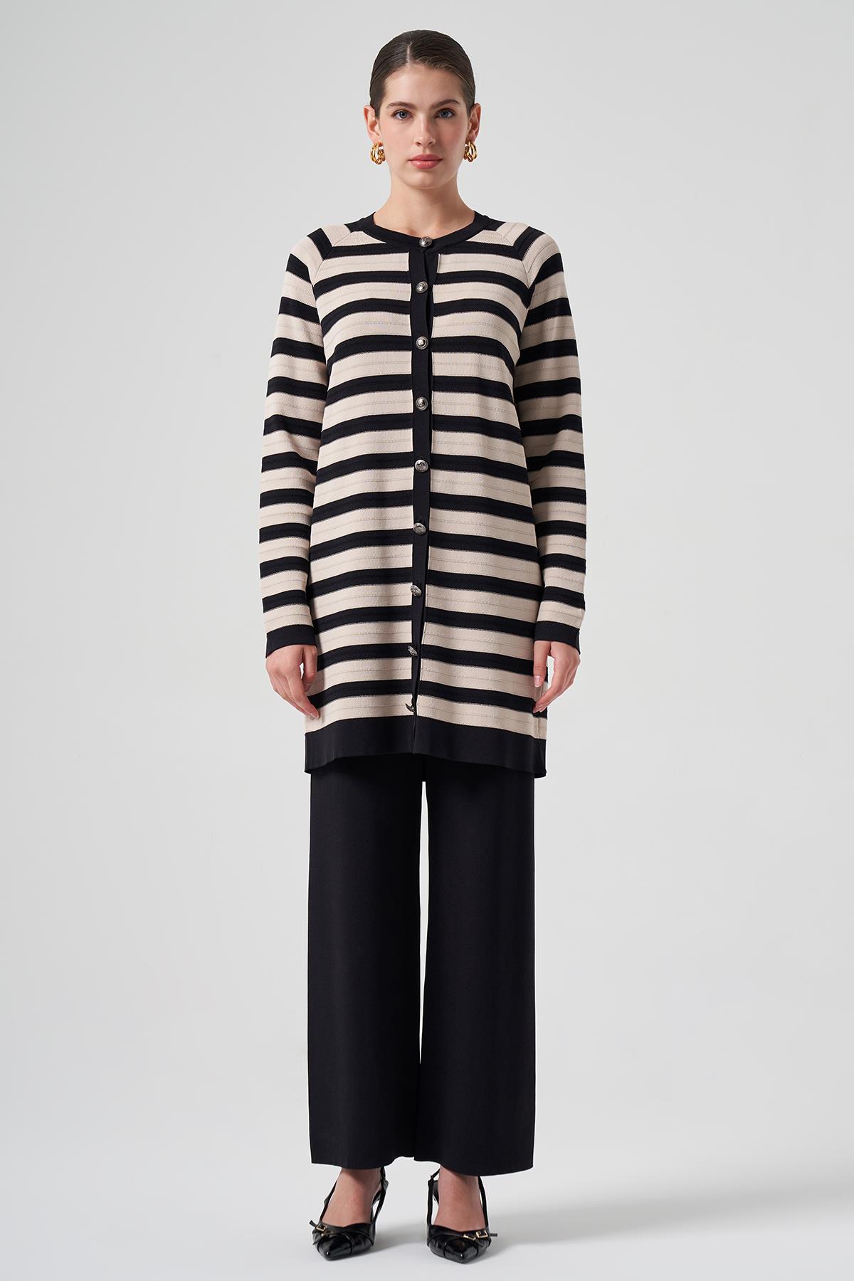 Nuss Merserize Triko Çizgili Hırka Pantolon Takım 1511 Siyah