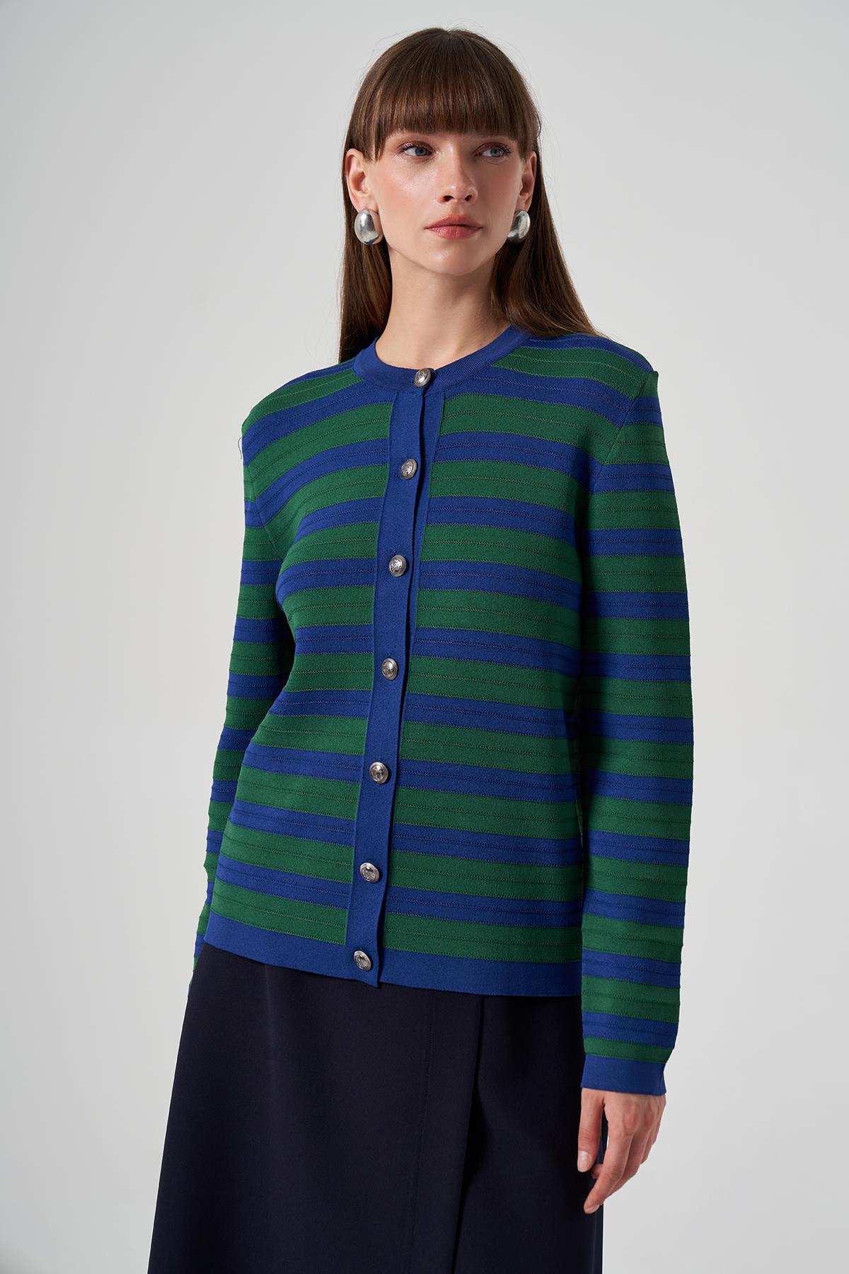 Nuss Merserize Triko Çizgili Kısa Hırka 1113 Saks