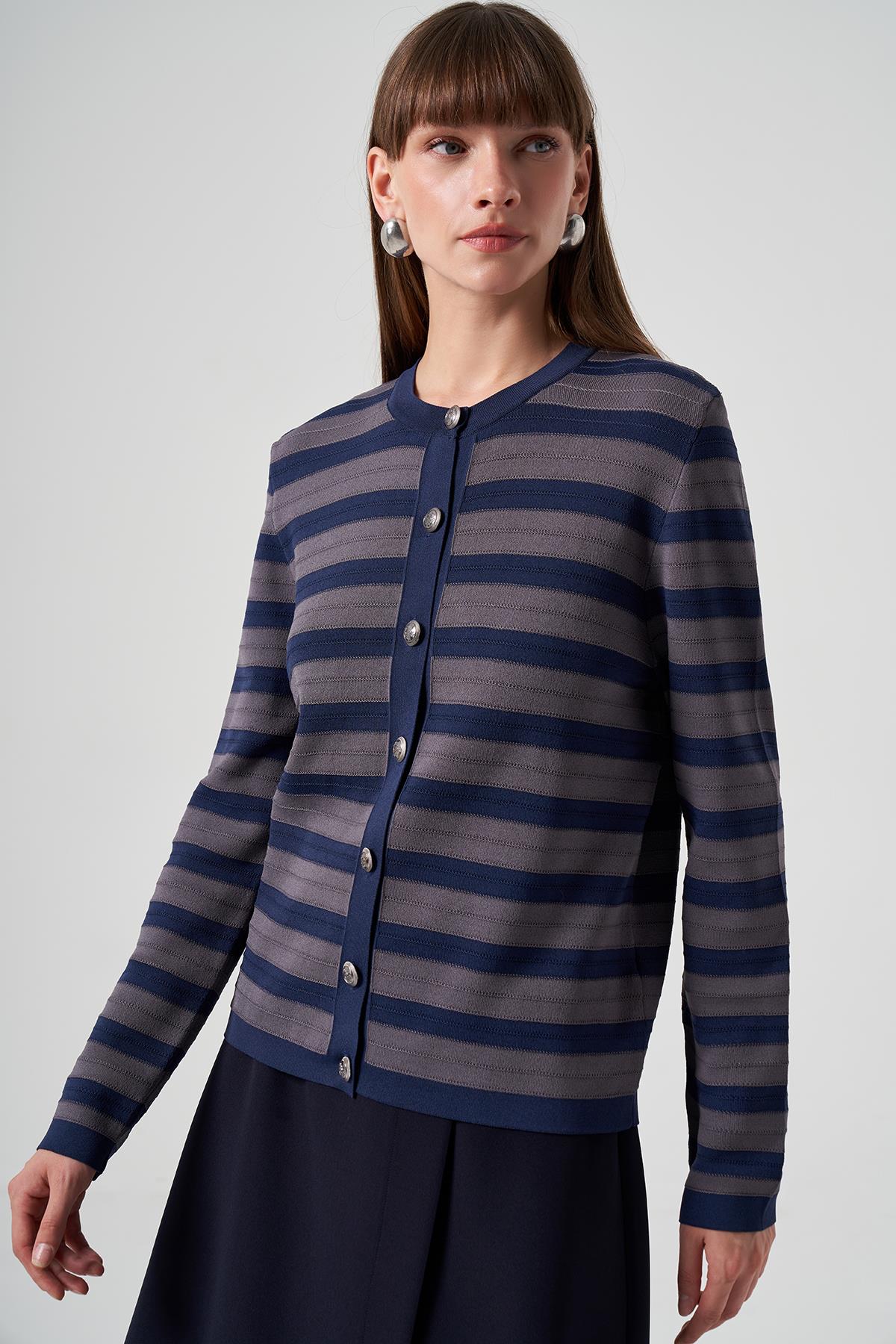 Nuss Merserize Triko Çizgili Kısa Hırka 1113 Lacivert