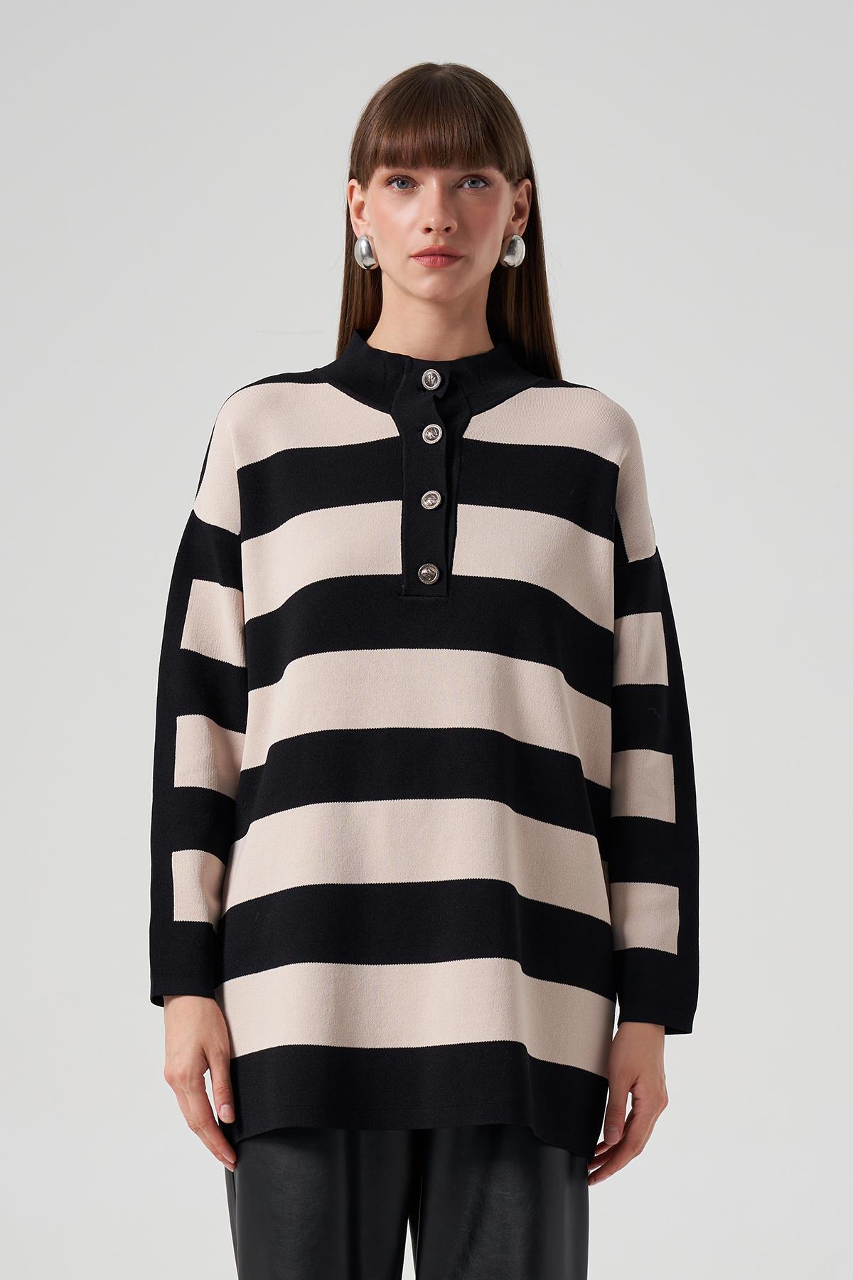 Nuss Merserize Triko Çizgili Tunik 1212 Siyah