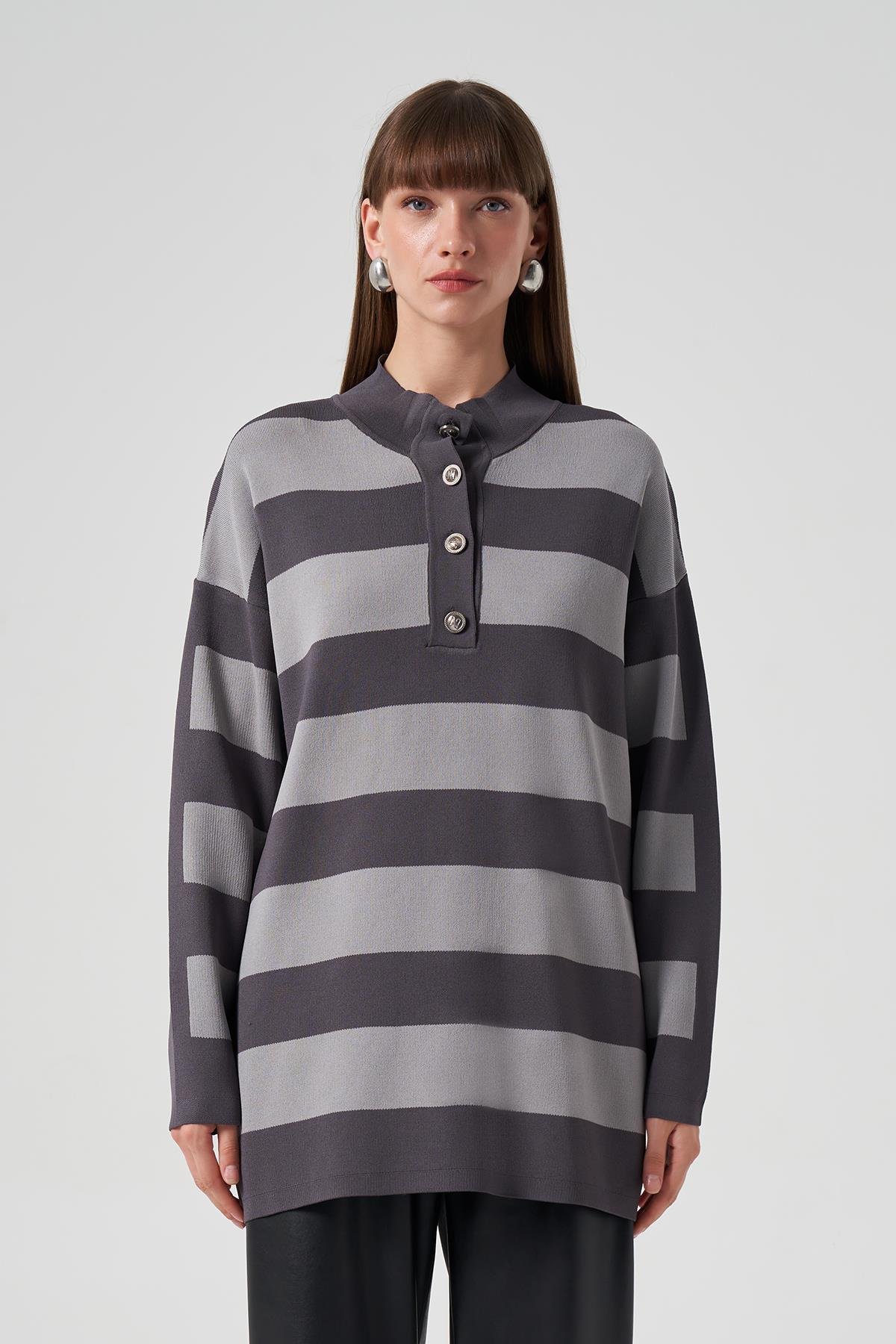 Nuss Merserize Triko Çizgili Tunik 1212 Füme