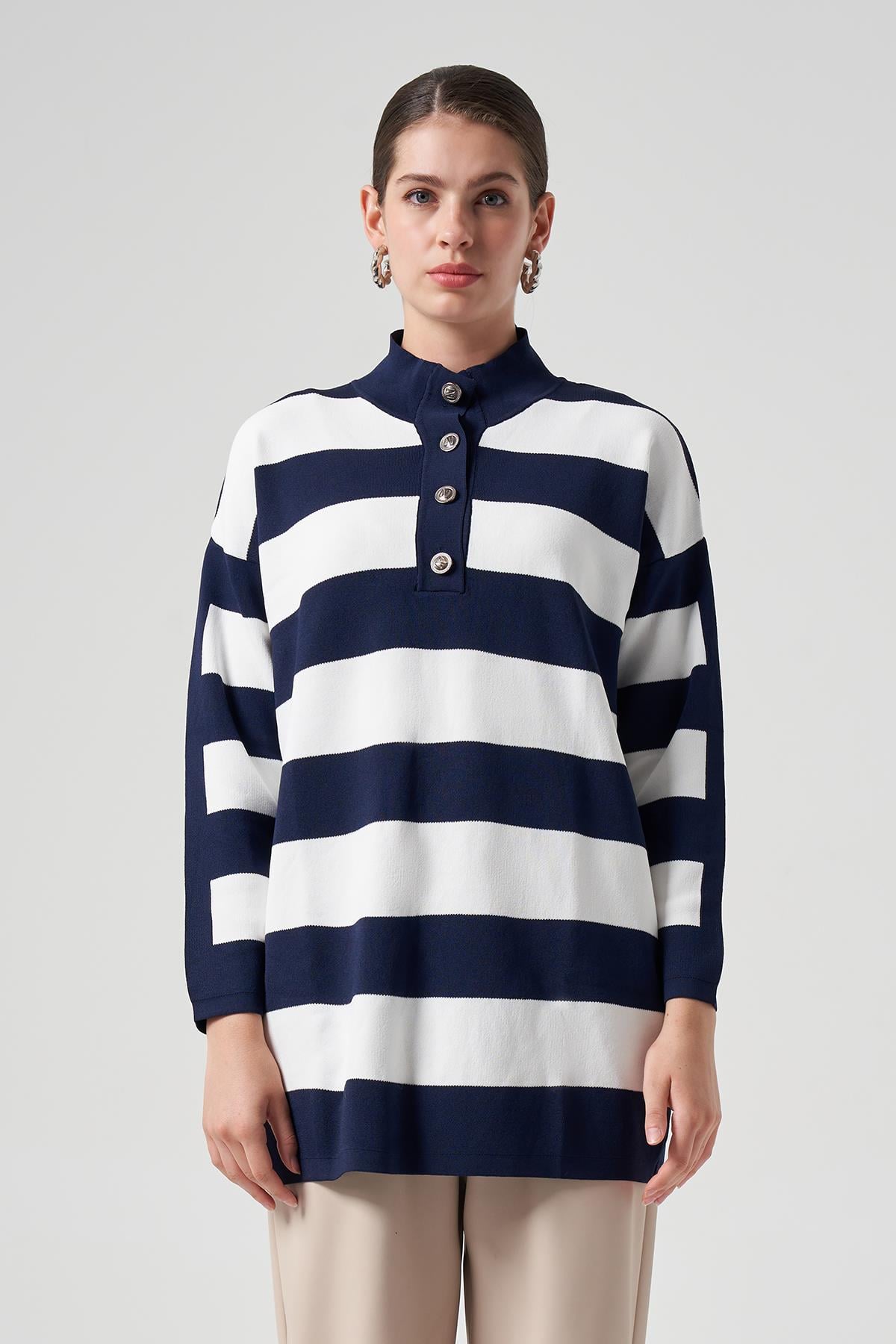 Nuss Merserize Triko Çizgili Tunik 1212 Lacivert