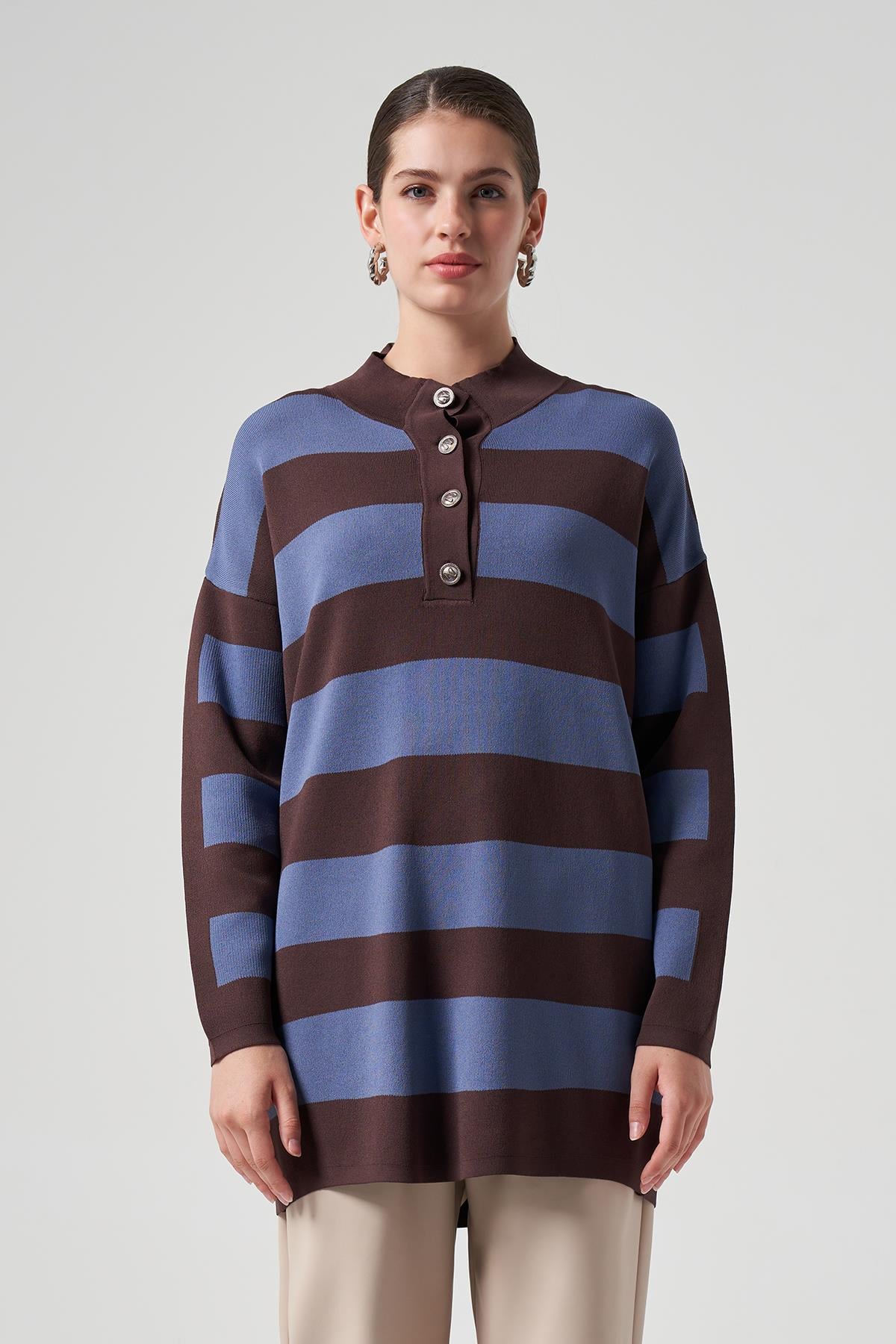 Nuss Merserize Triko Çizgili Tunik 1212 Kahverengi