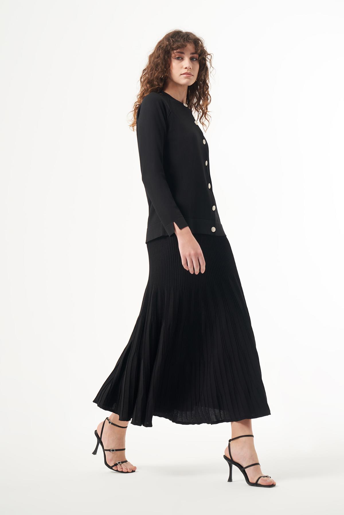 Nuss Merserize Triko Fitilli Etekli Hırka Takım 1300 Siyah