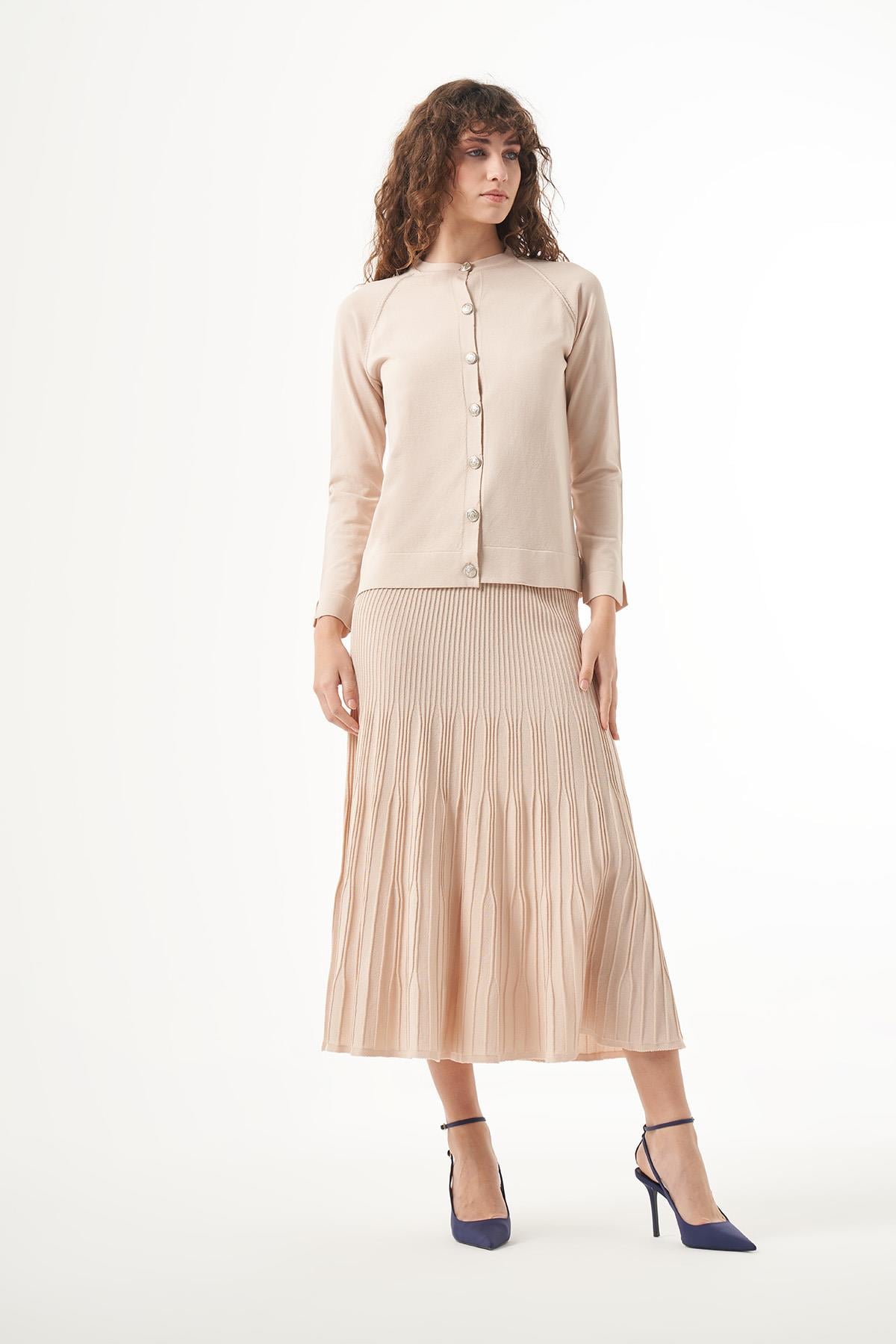 Nuss Merserize Triko Fitilli Etekli Hırka Takım 1300 Bej