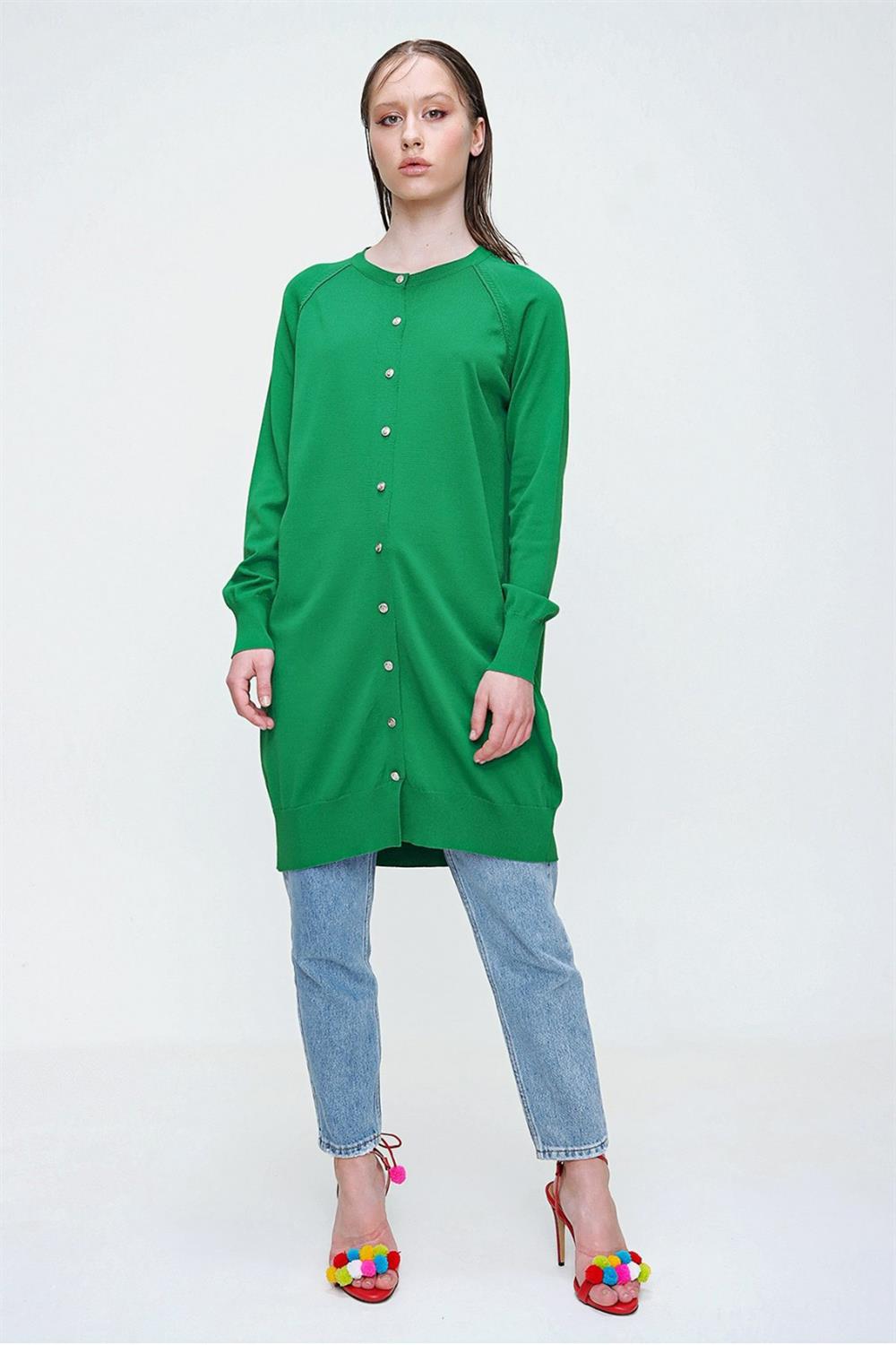 Nuss Merserize Triko Hırka Orta Boy H-300 Benetton Yeşil