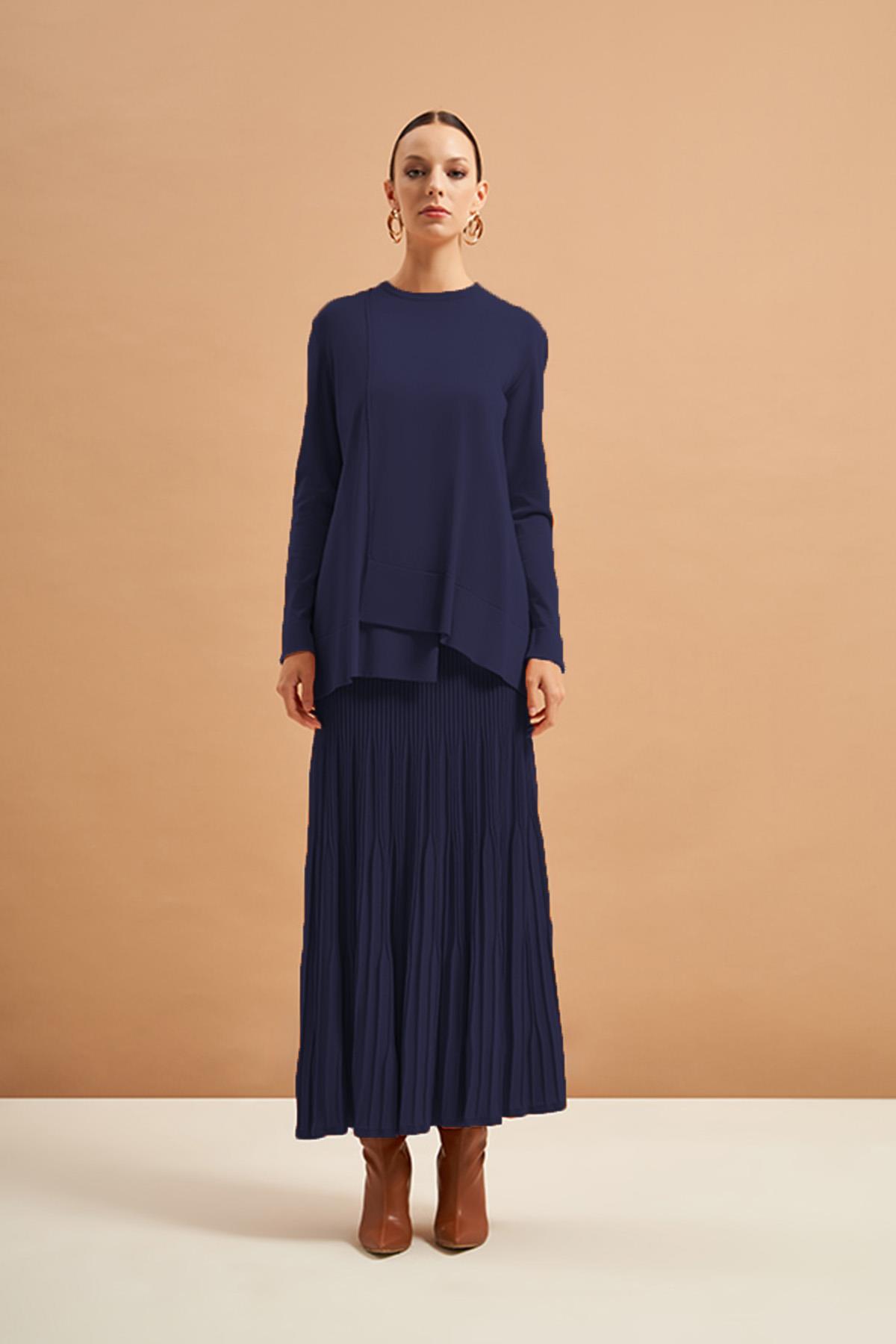 Nuss Merserize Tunik Detaylı Triko Etekli Takım 703 Lacivert