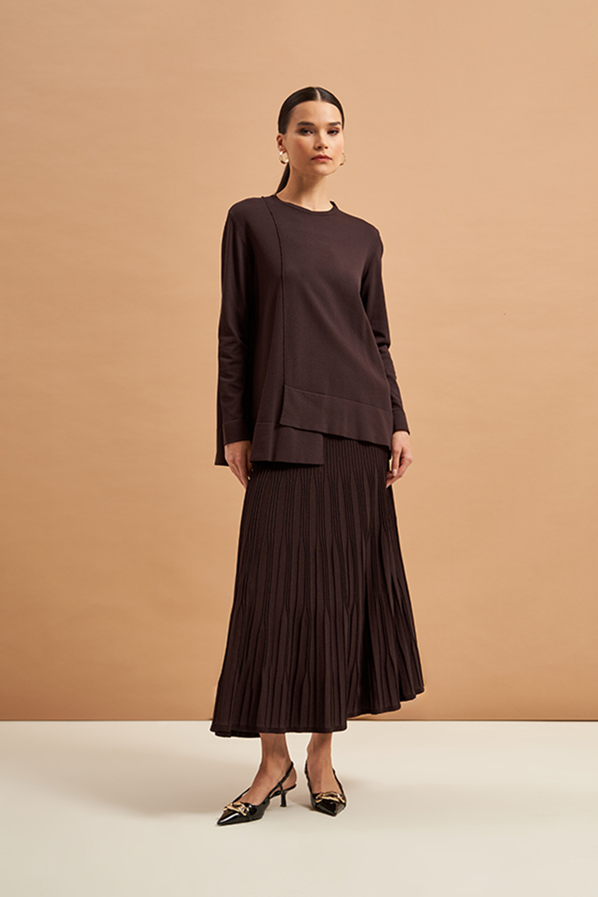 Nuss Merserize Tunik Detaylı Triko Etekli Takım NS-22Y-703TKM Kahve