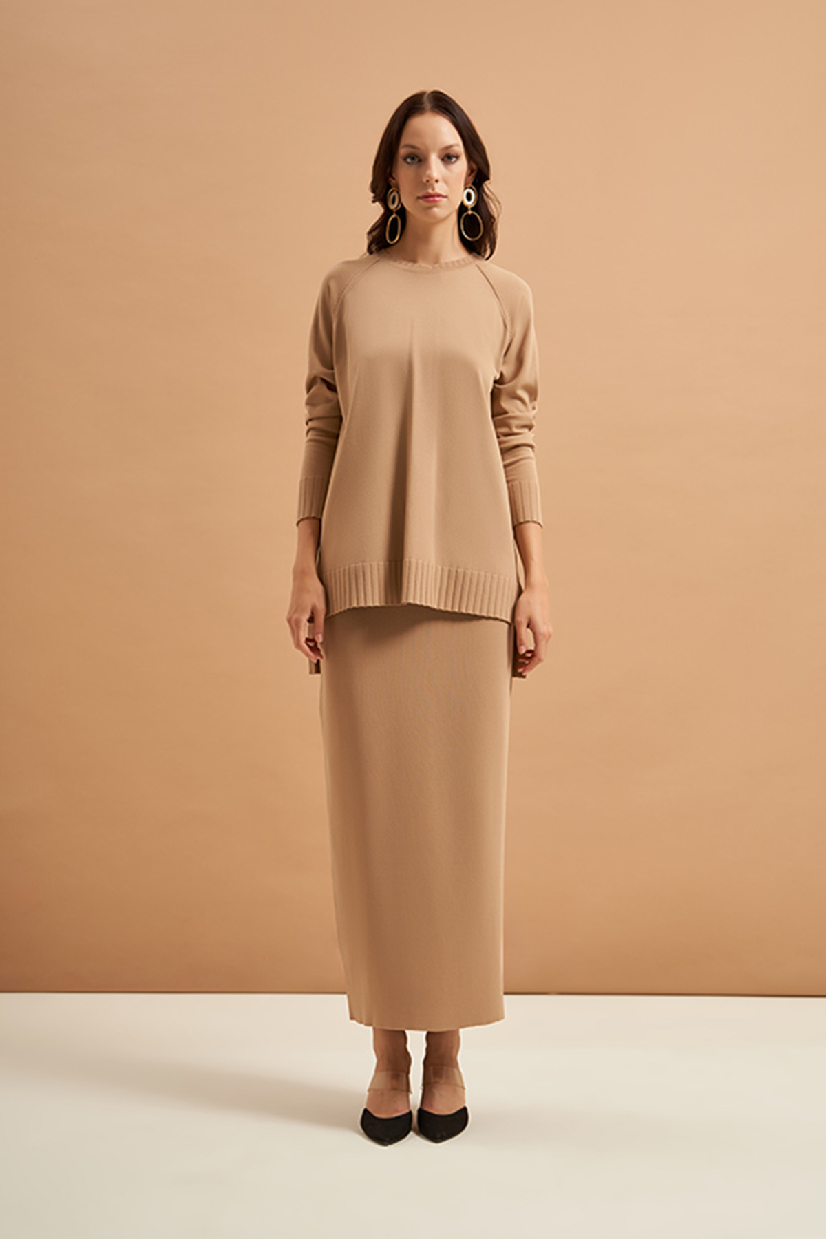 Nuss Merserize Tunik Detaylı Triko Etekli Takım NS-23K-600TKM Mocha