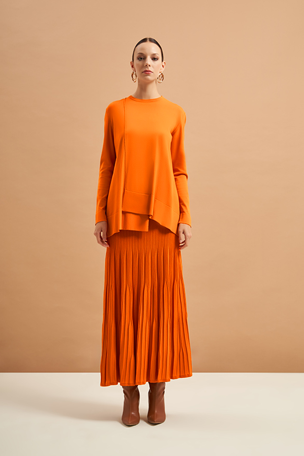 Nuss Merserize Tunik Detaylı Triko Etekli Takım NS-22Y-703TKM Oranj