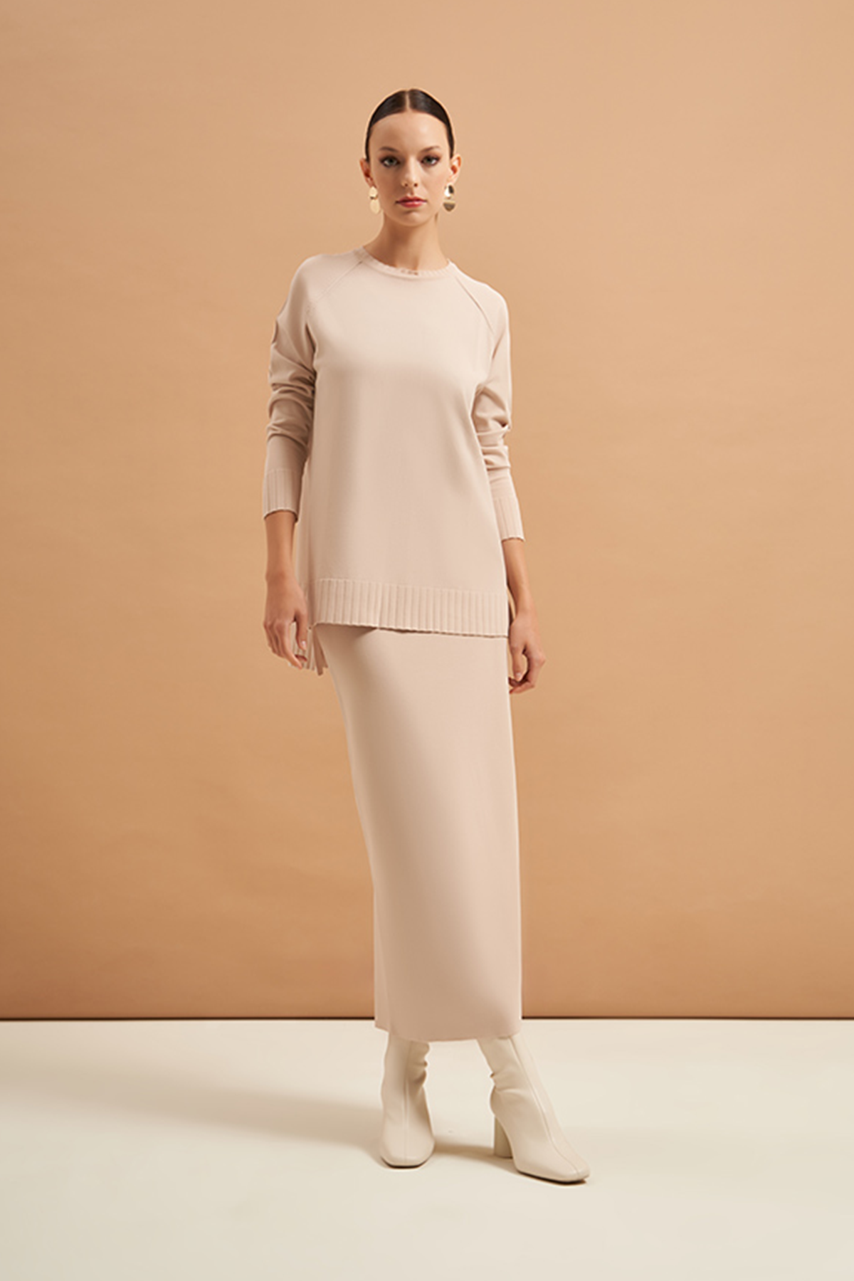 Nuss Merserize Tunik Detaylı Triko Etekli Takım NS-23K-600TKM Bej